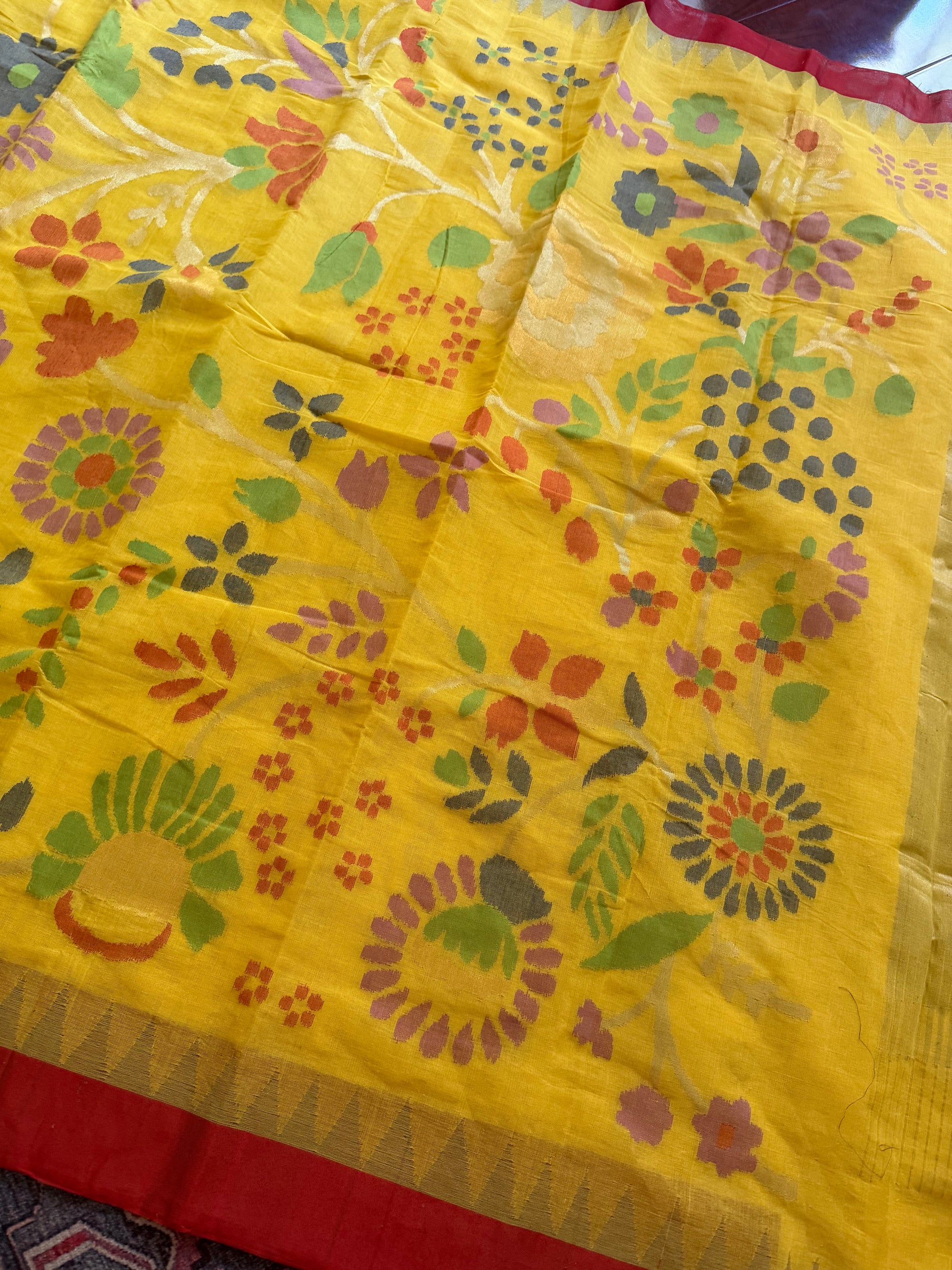Handspun Ponduru Khadi Cotton Jamdani : Yellow and Red (full jaal pallu and blouse)