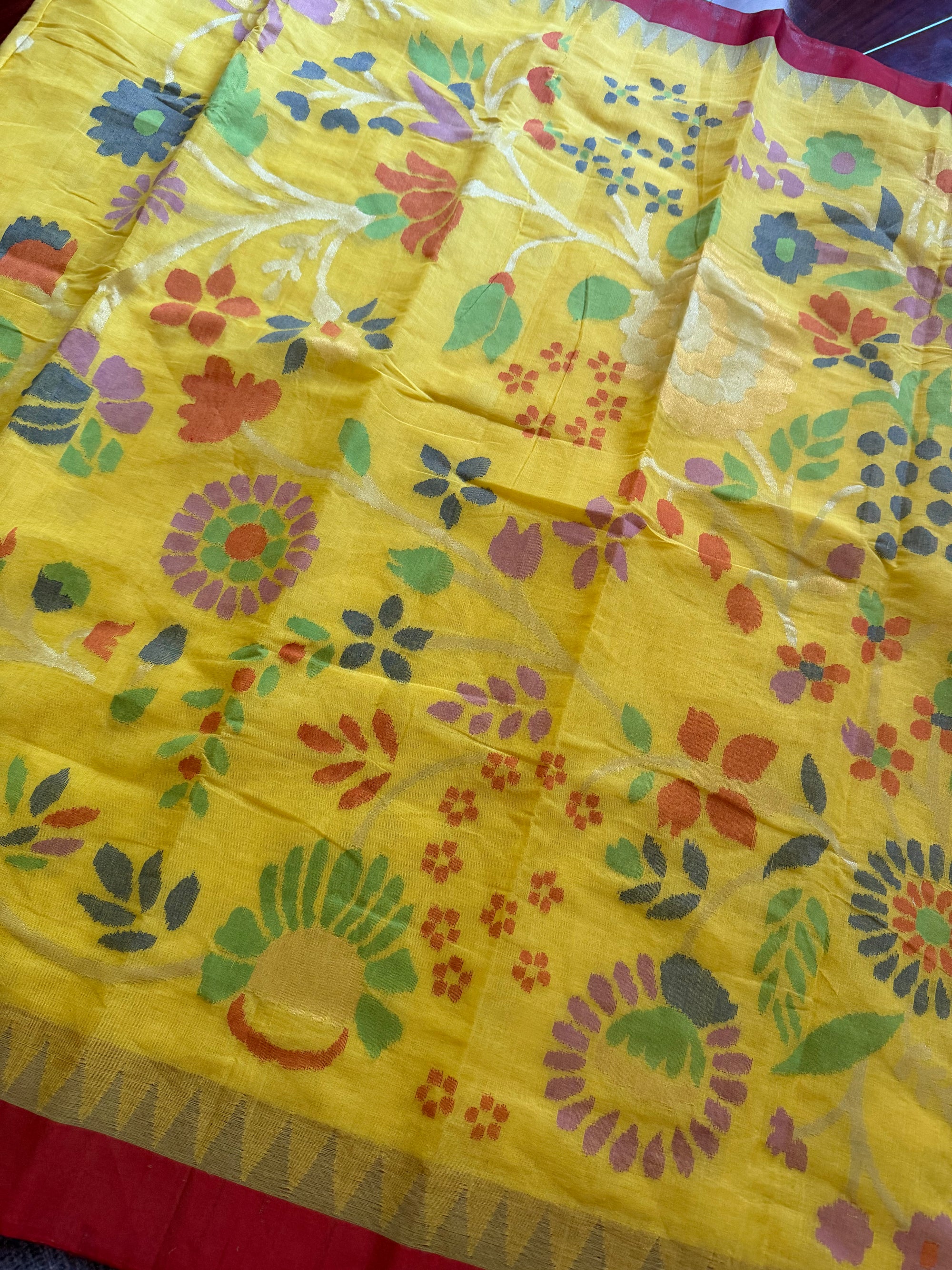 Handspun Ponduru Khadi Cotton Jamdani : Yellow and Red (full jaal pallu and blouse)
