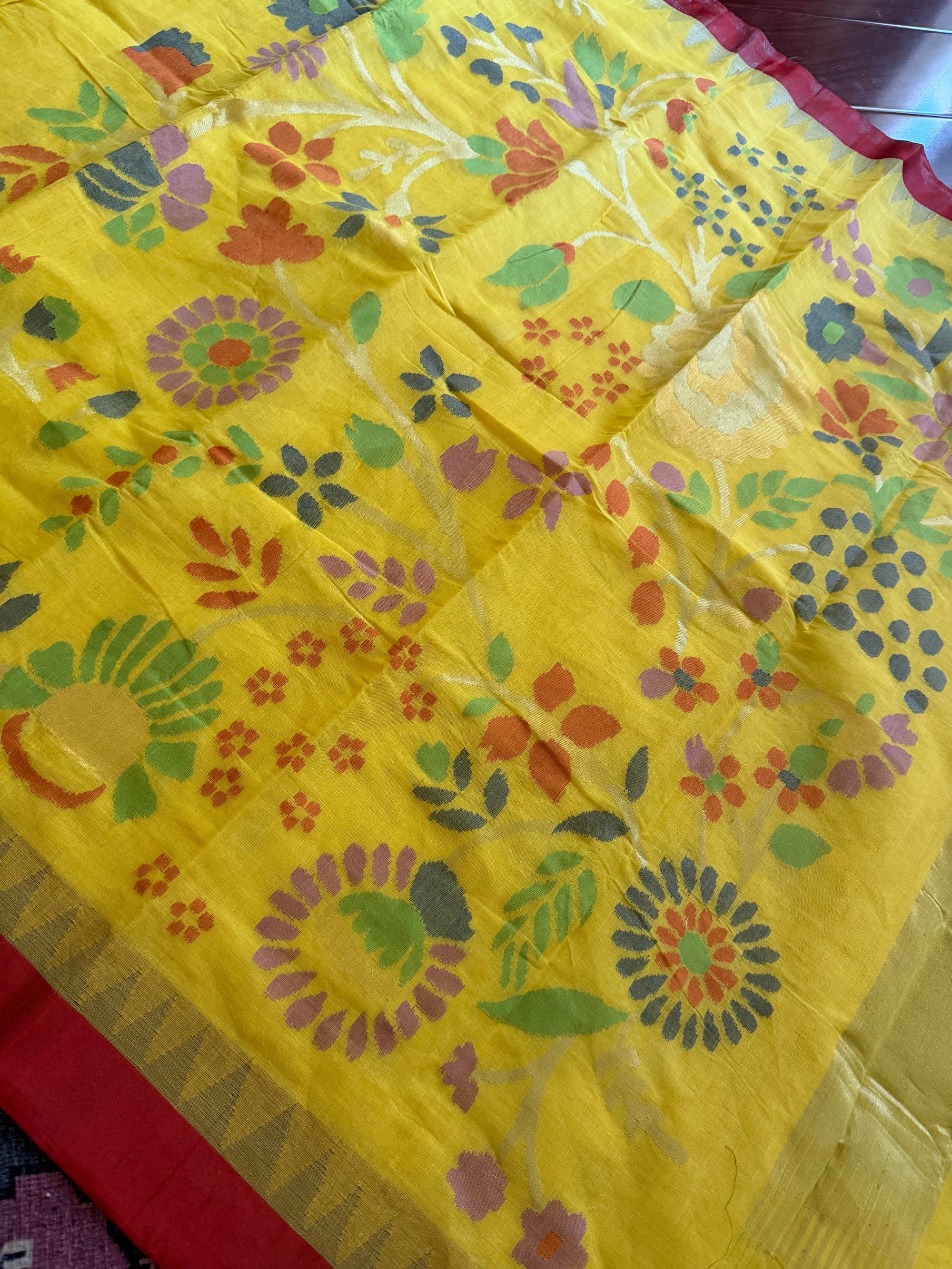 Handspun Ponduru Khadi Cotton Jamdani : Yellow and Red (full jaal pallu and blouse)