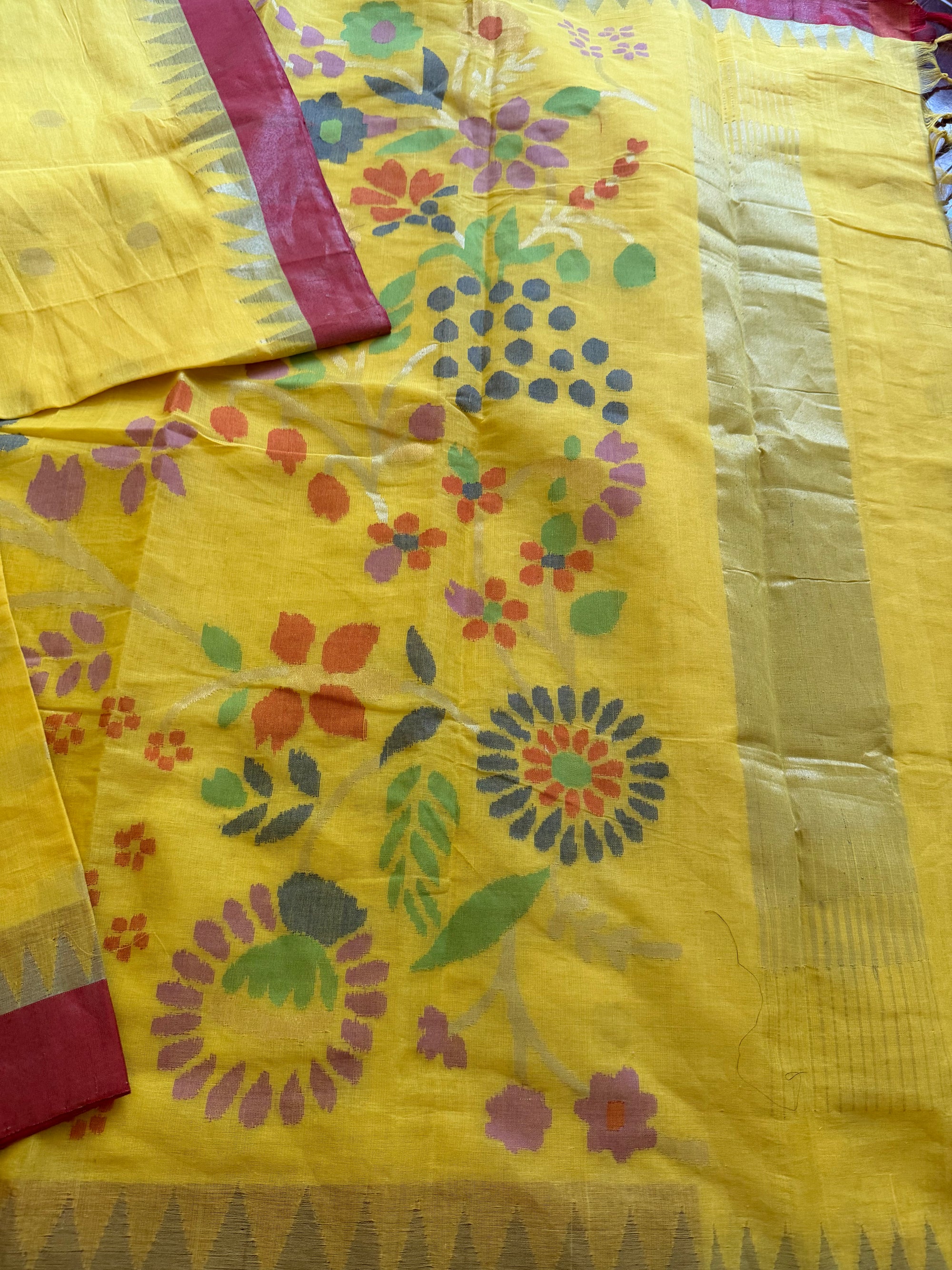 Handspun Ponduru Khadi Cotton Jamdani : Yellow and Red (full jaal pallu and blouse)
