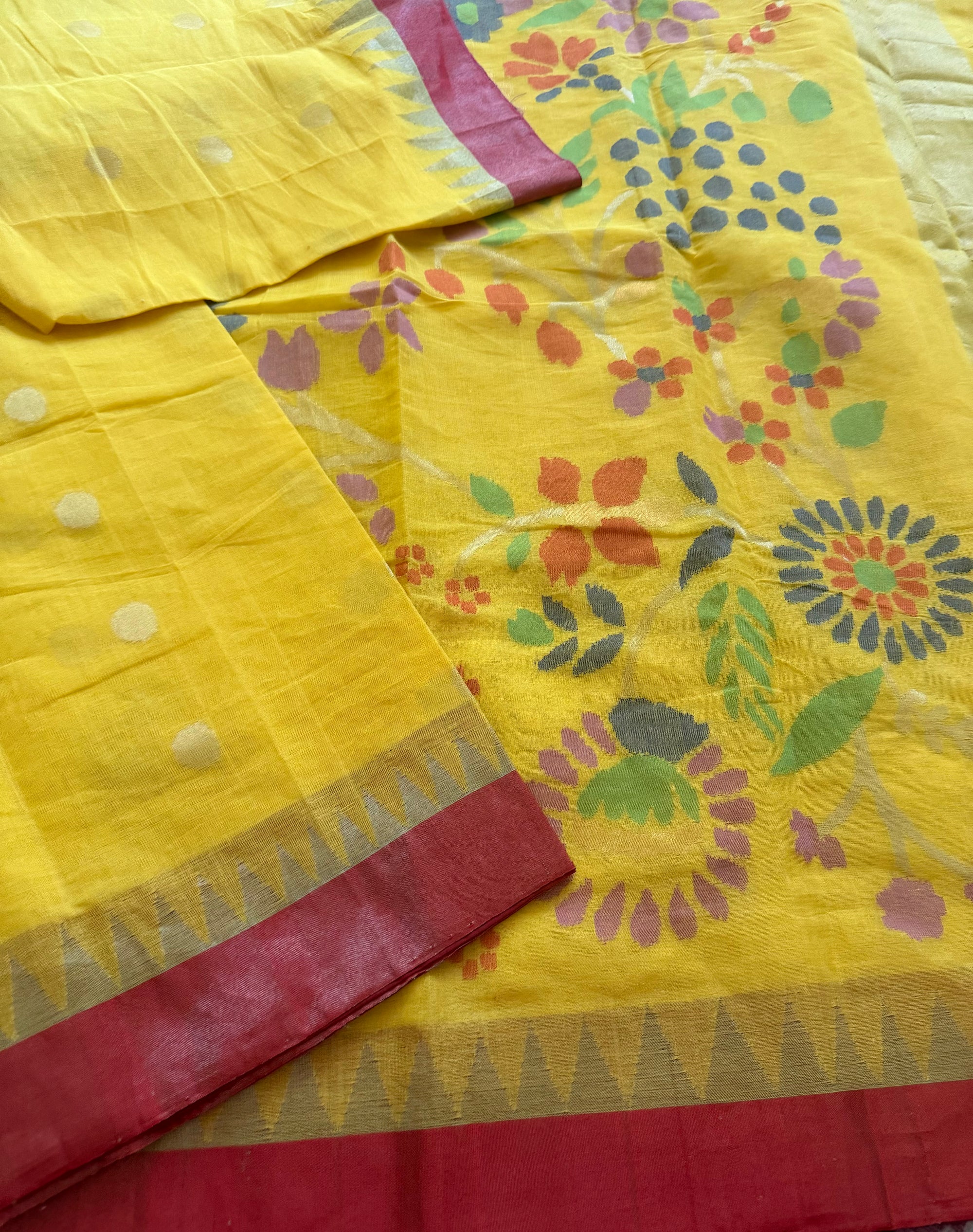 Handspun Ponduru Khadi Cotton Jamdani : Yellow and Red (full jaal pallu and blouse)