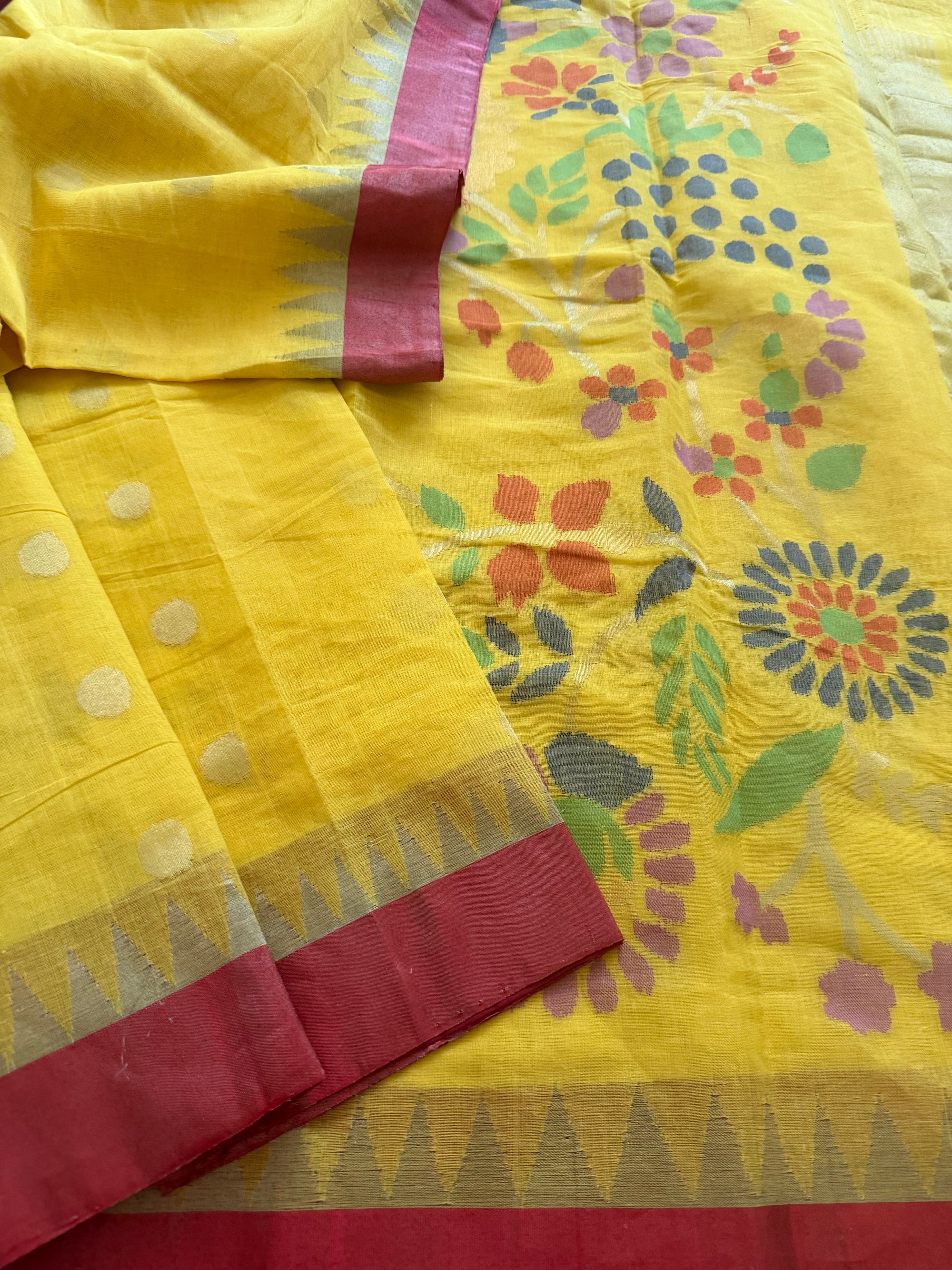 Handspun Ponduru Khadi Cotton Jamdani : Yellow and Red (full jaal pallu and blouse)