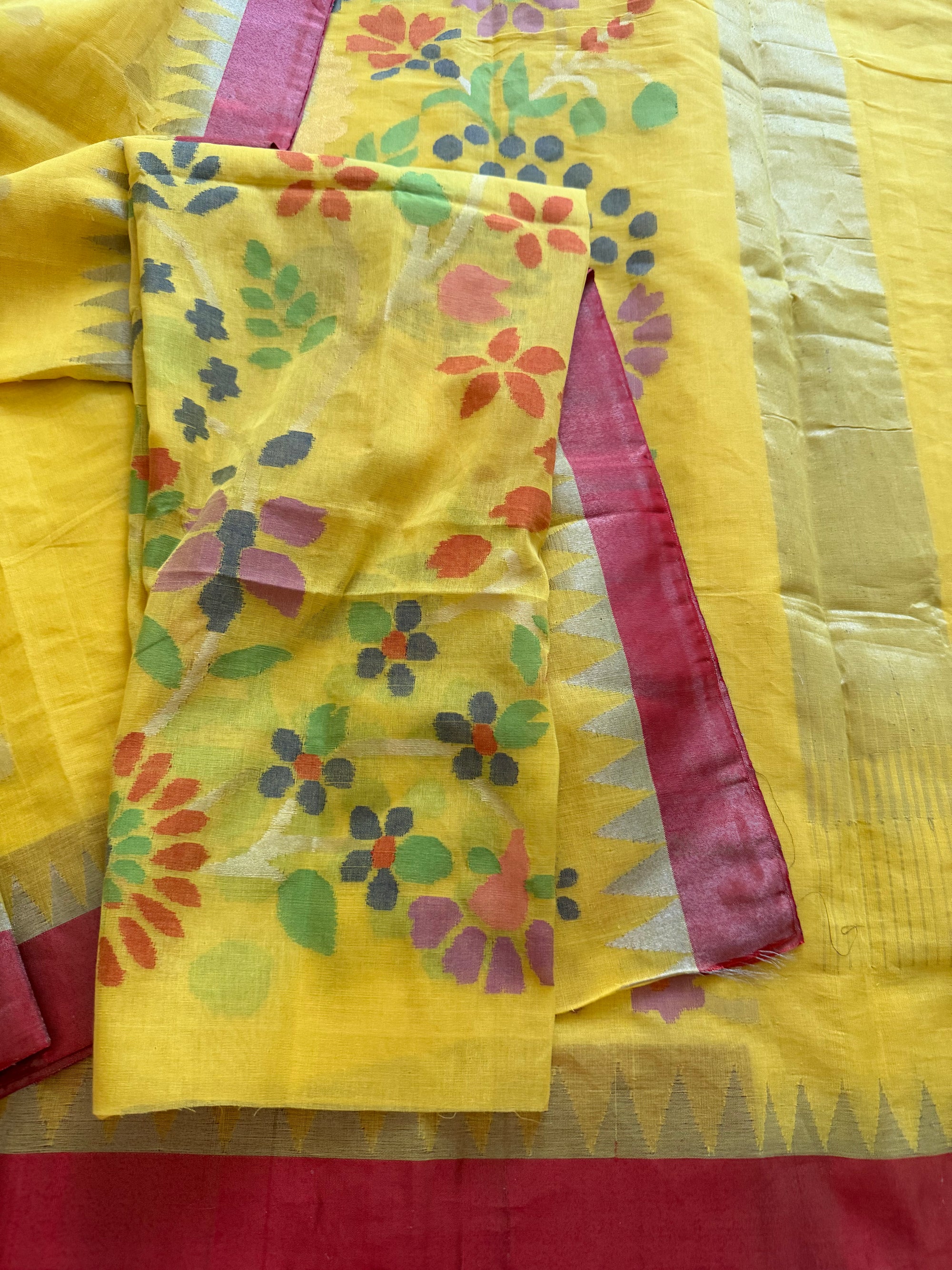 Handspun Ponduru Khadi Cotton Jamdani : Yellow and Red (full jaal pallu and blouse)