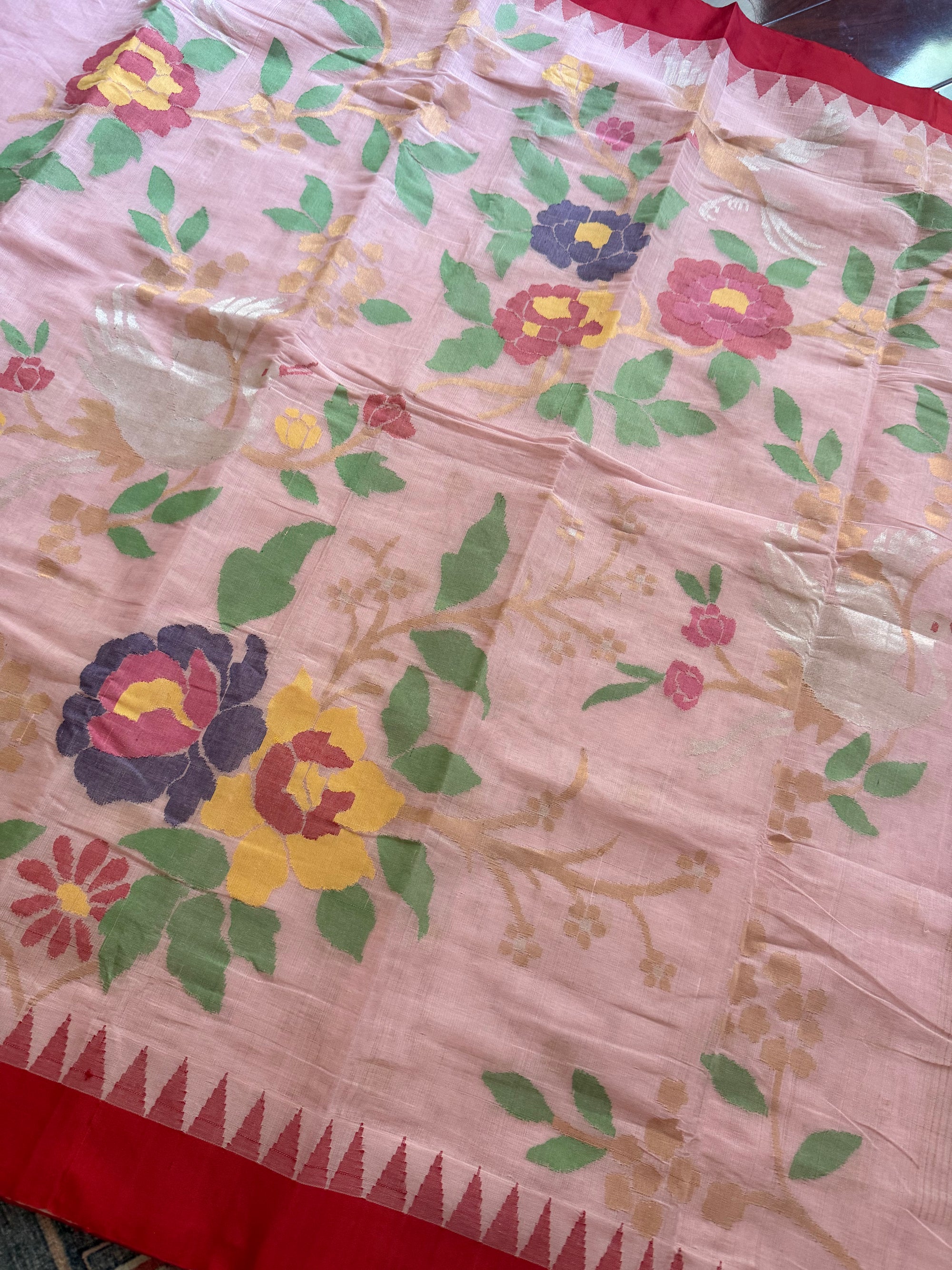 Handspun Ponduru Khadi Cotton Jamdani : Baby Pink and Red