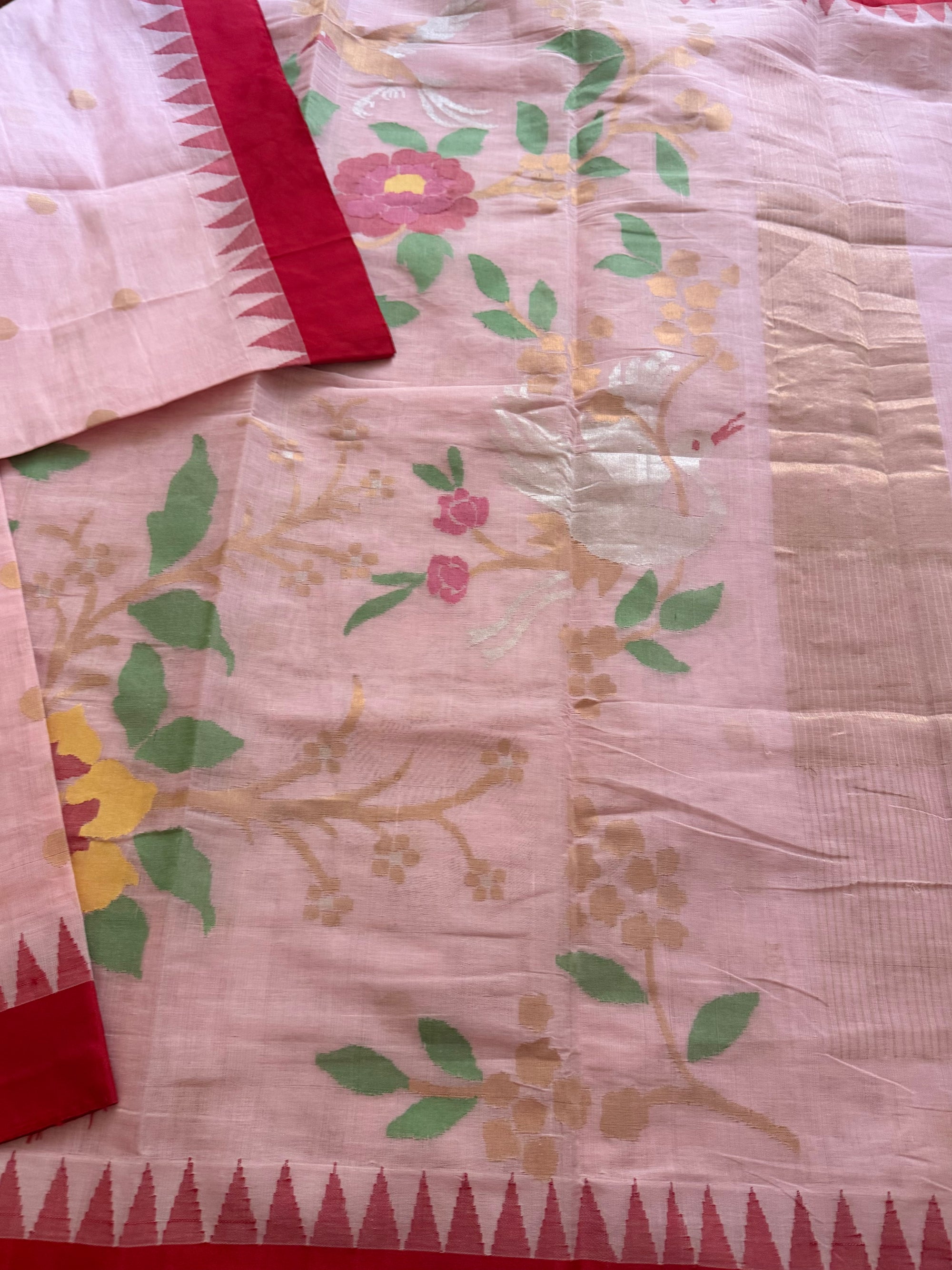 Handspun Ponduru Khadi Cotton Jamdani : Baby Pink and Red