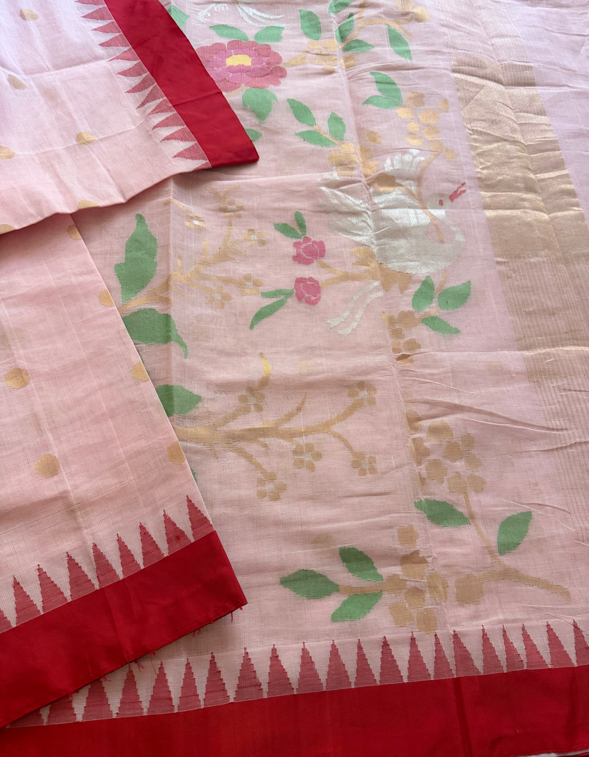 Handspun Ponduru Khadi Cotton Jamdani : Baby Pink and Red
