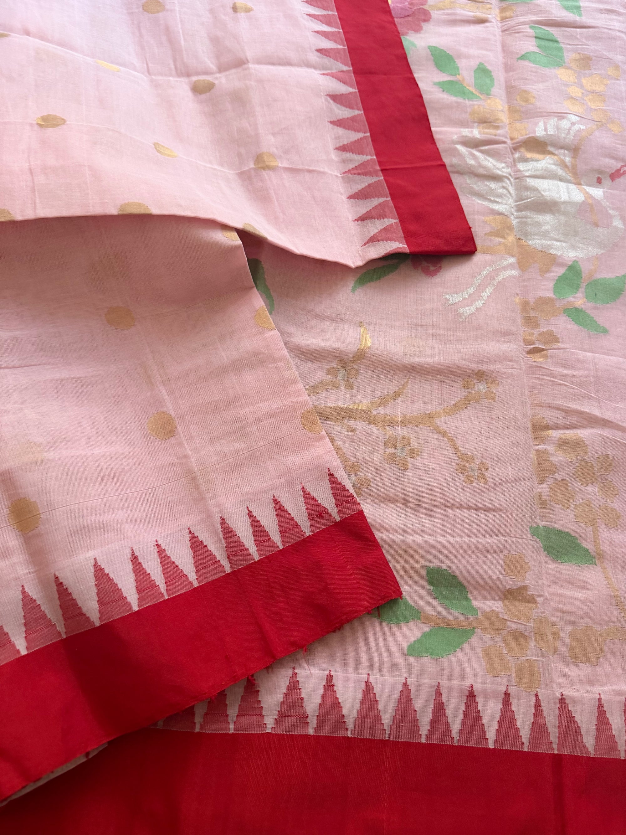 Handspun Ponduru Khadi Cotton Jamdani : Baby Pink and Red