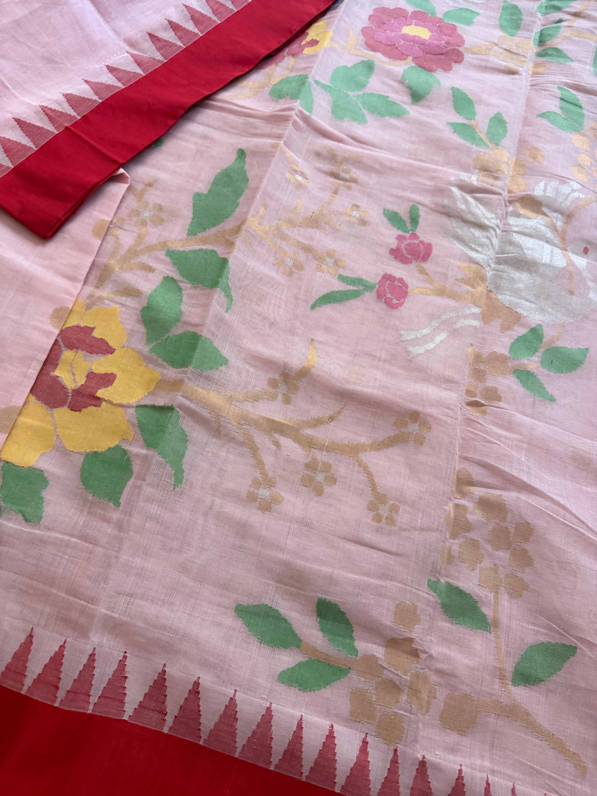 Handspun Ponduru Khadi Cotton Jamdani : Baby Pink and Red
