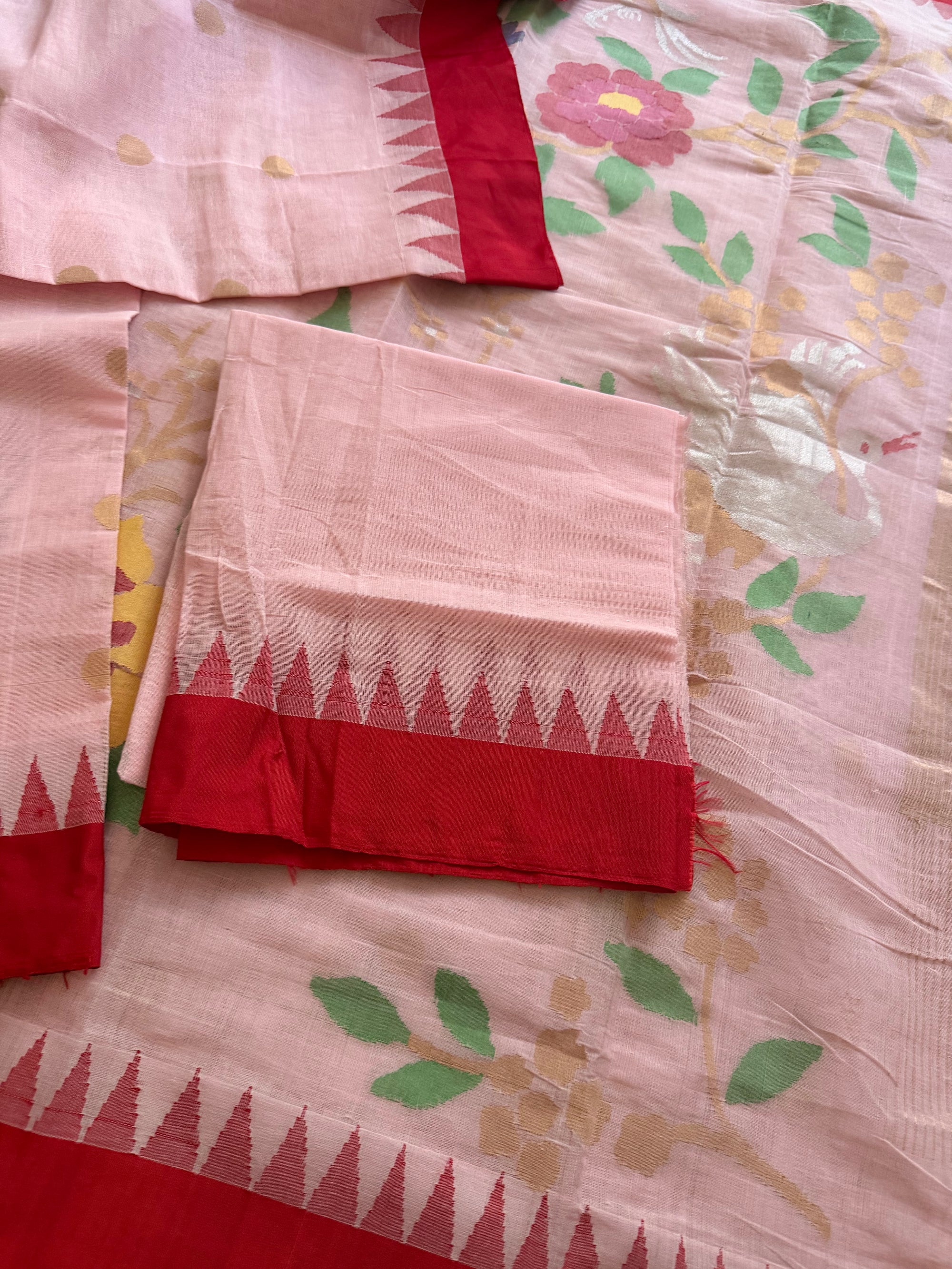 Handspun Ponduru Khadi Cotton Jamdani : Baby Pink and Red