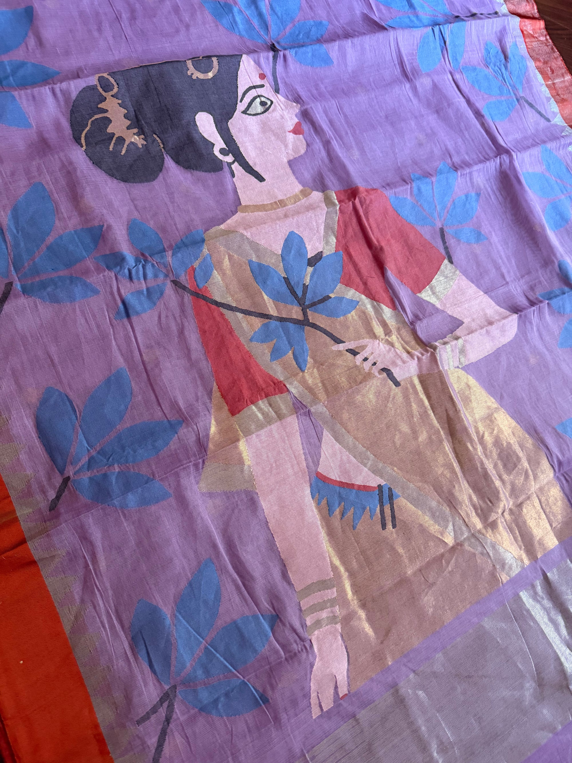 Handspun Ponduru Khadi Cotton Jamdani : Ravi Varma design on the Pallu