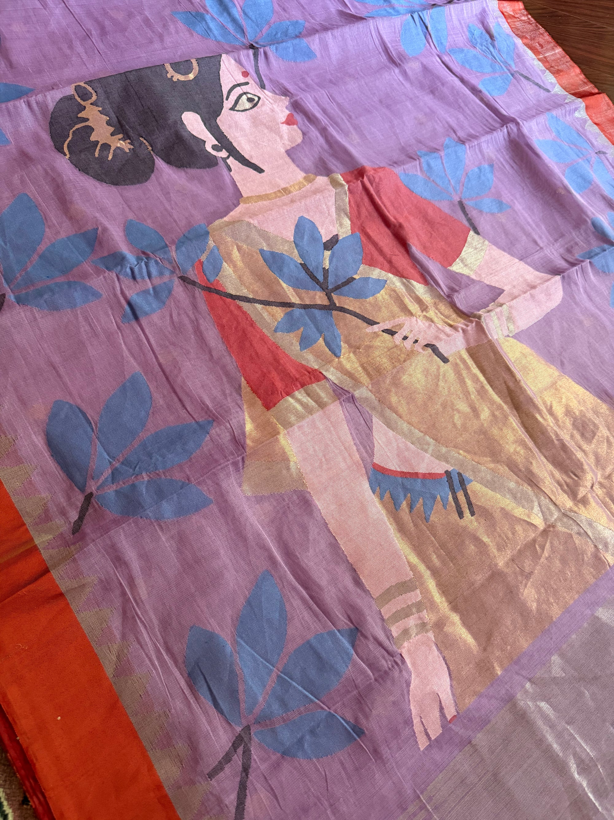 Handspun Ponduru Khadi Cotton Jamdani : Ravi Varma design on the Pallu