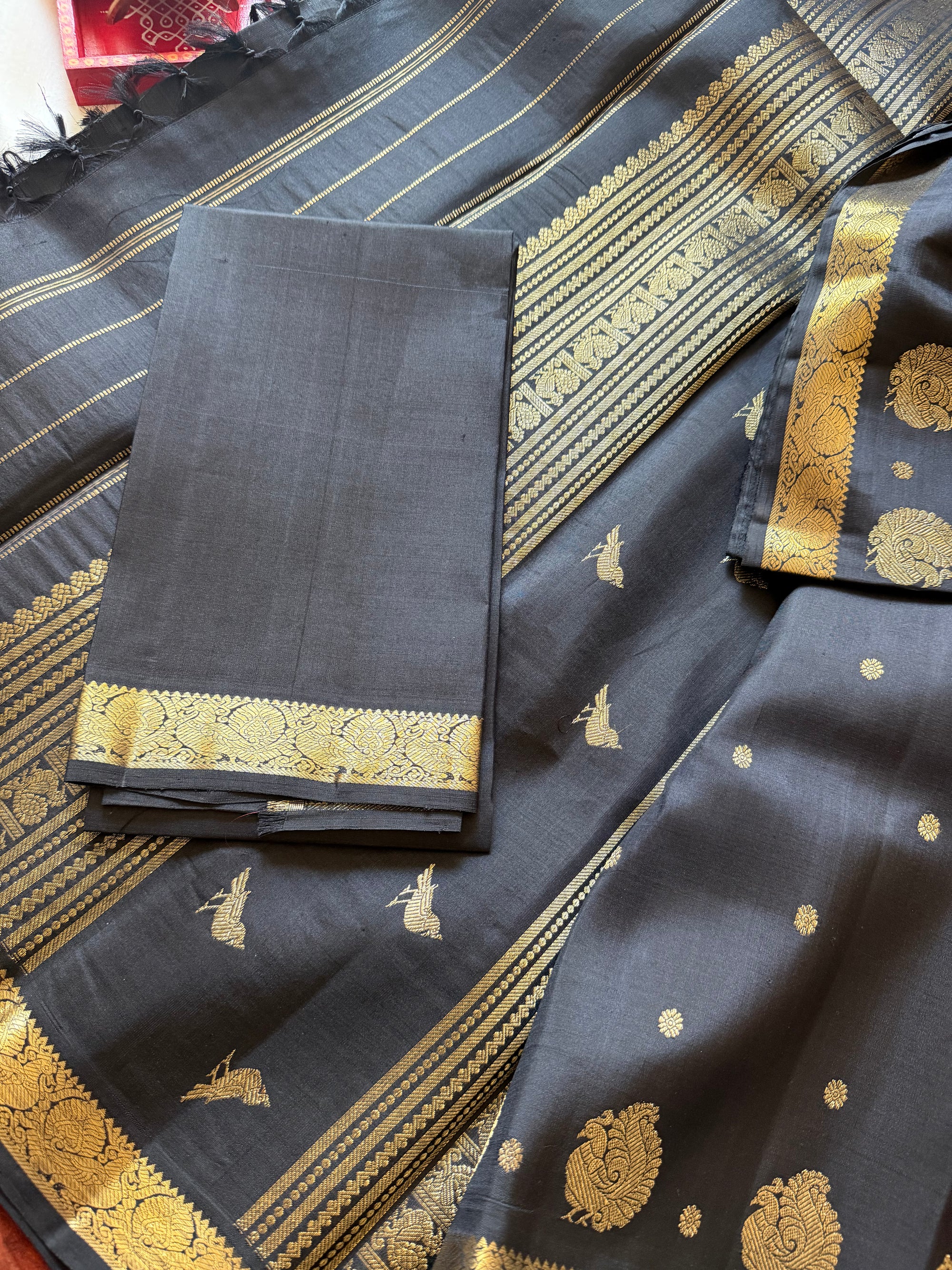 SWARA: Kanjivaram Silk (Black Self borders with Beetu Butta)