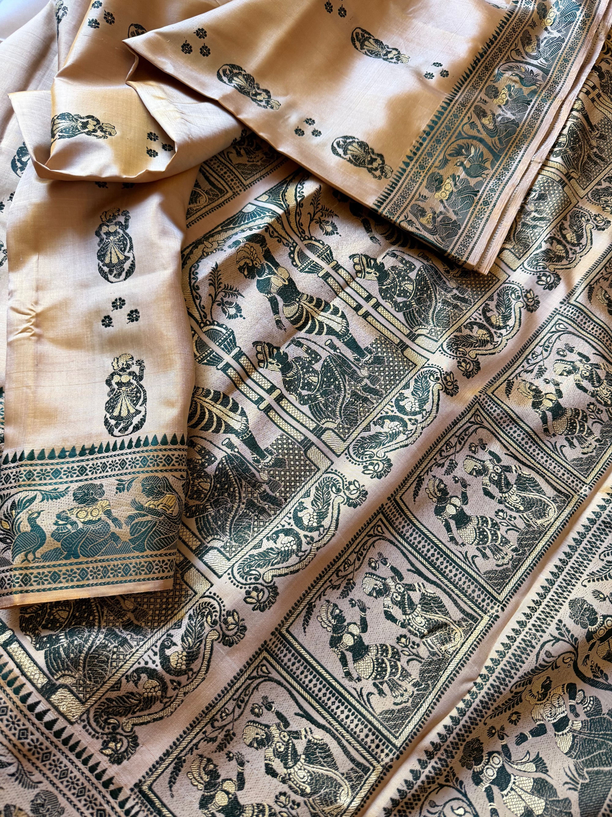 Baluchari Silk - Golden Biscuit &amp; Green