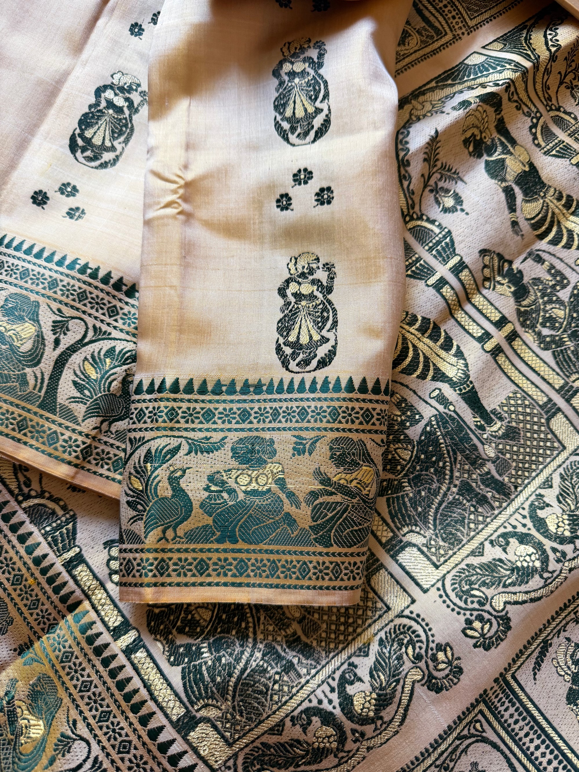 Baluchari Silk - Golden Biscuit &amp; Green