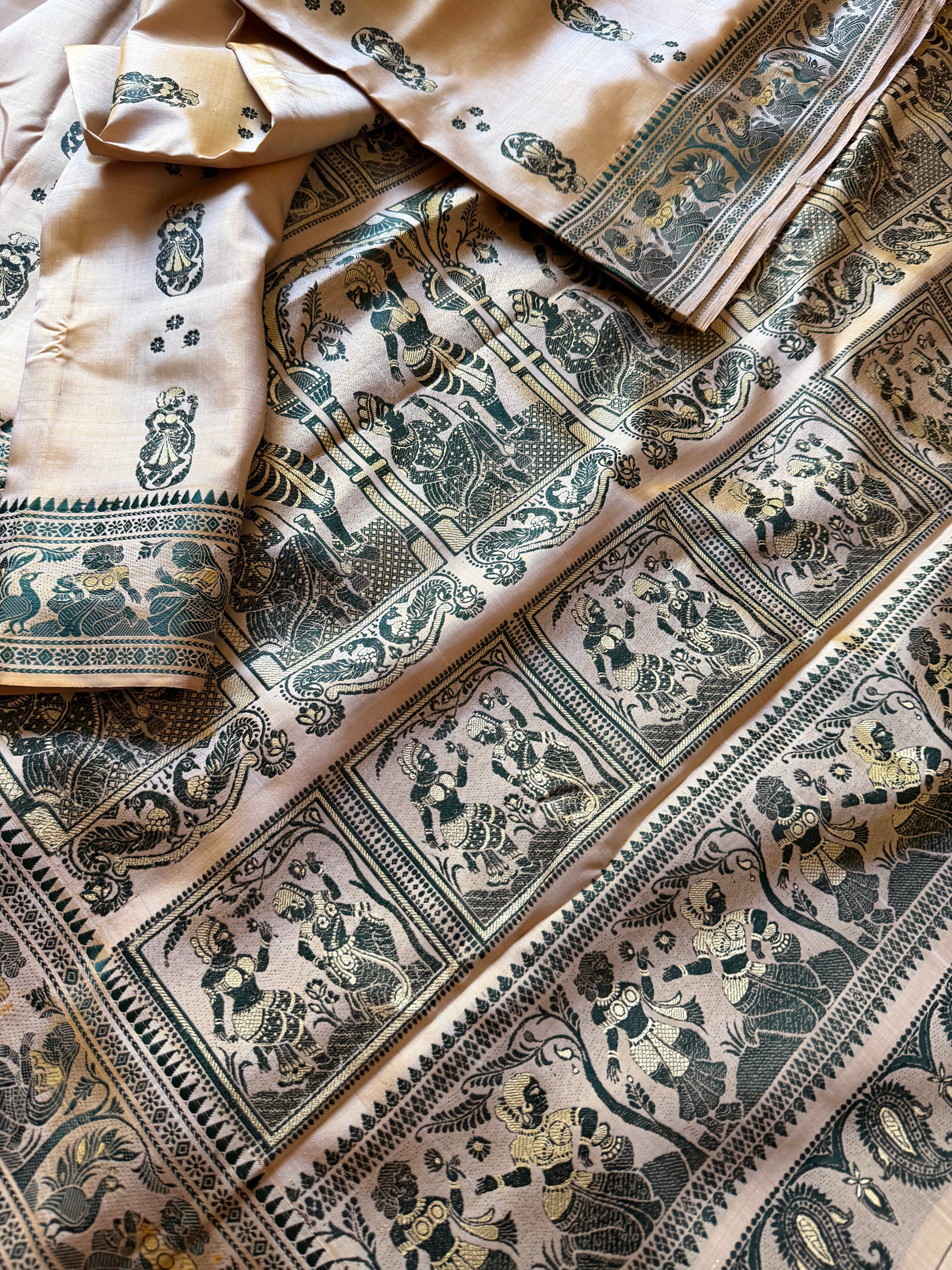 Baluchari Silk - Golden Biscuit &amp; Green