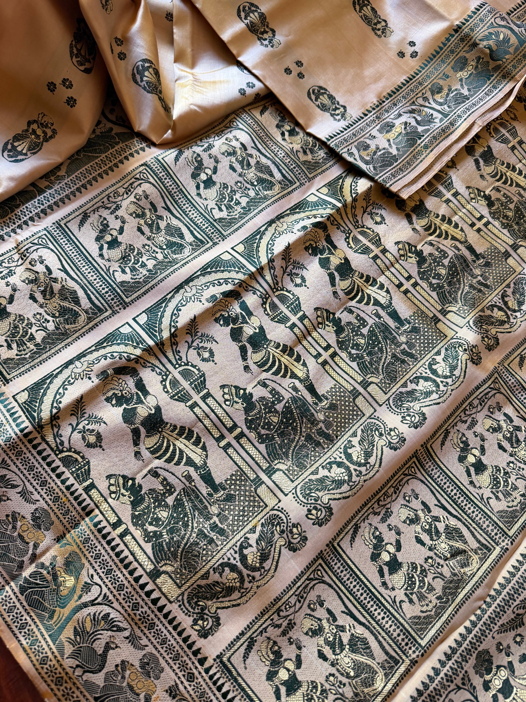 Baluchari Silk - Golden Biscuit &amp; Green