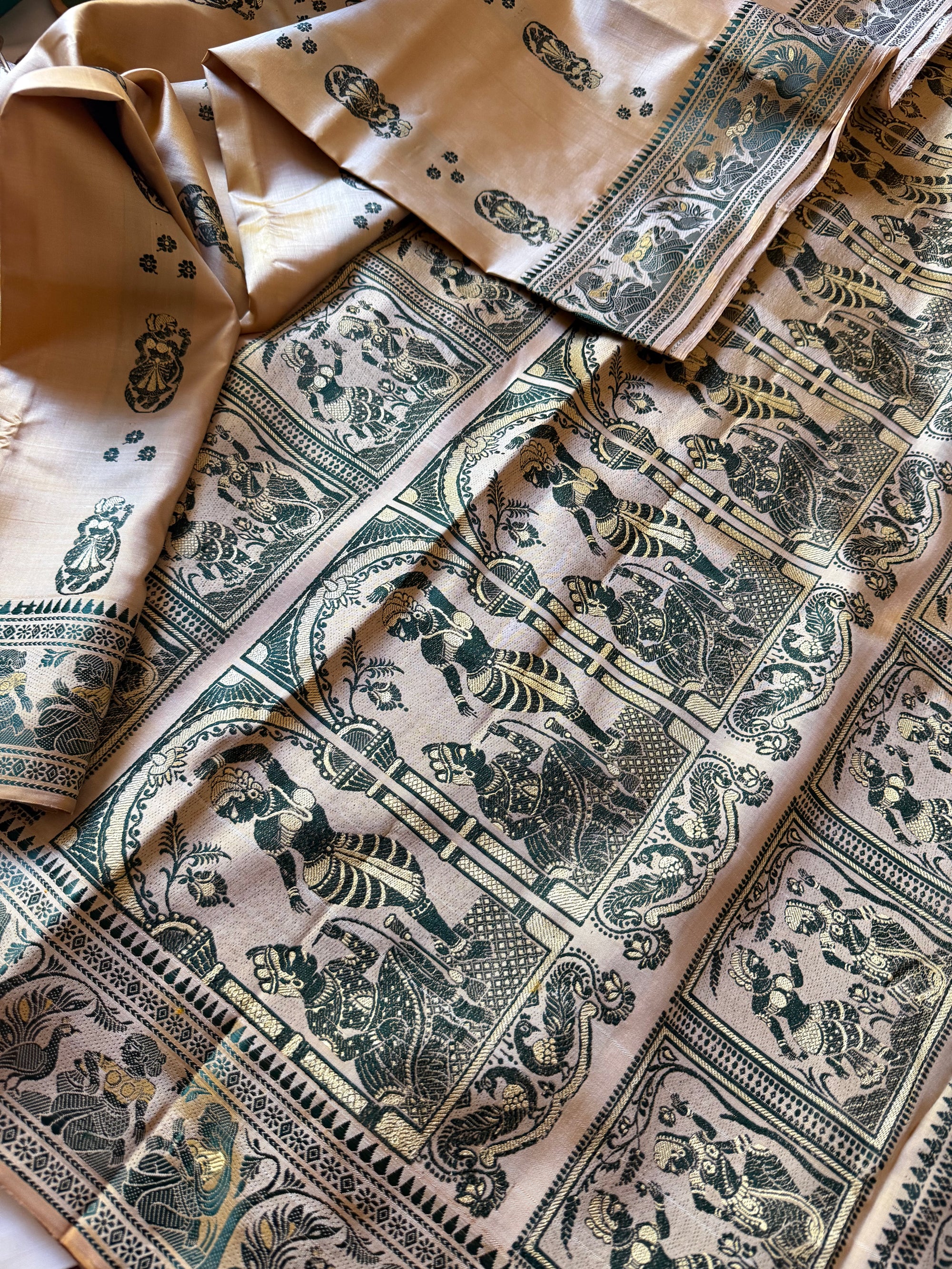 Baluchari Silk - Golden Biscuit &amp; Green