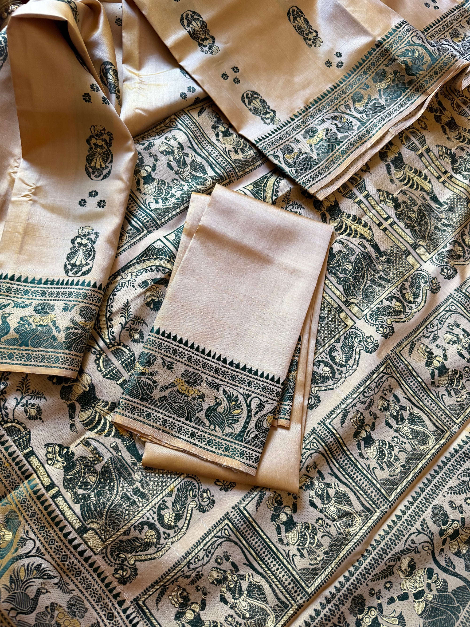 Baluchari Silk - Golden Biscuit &amp; Green
