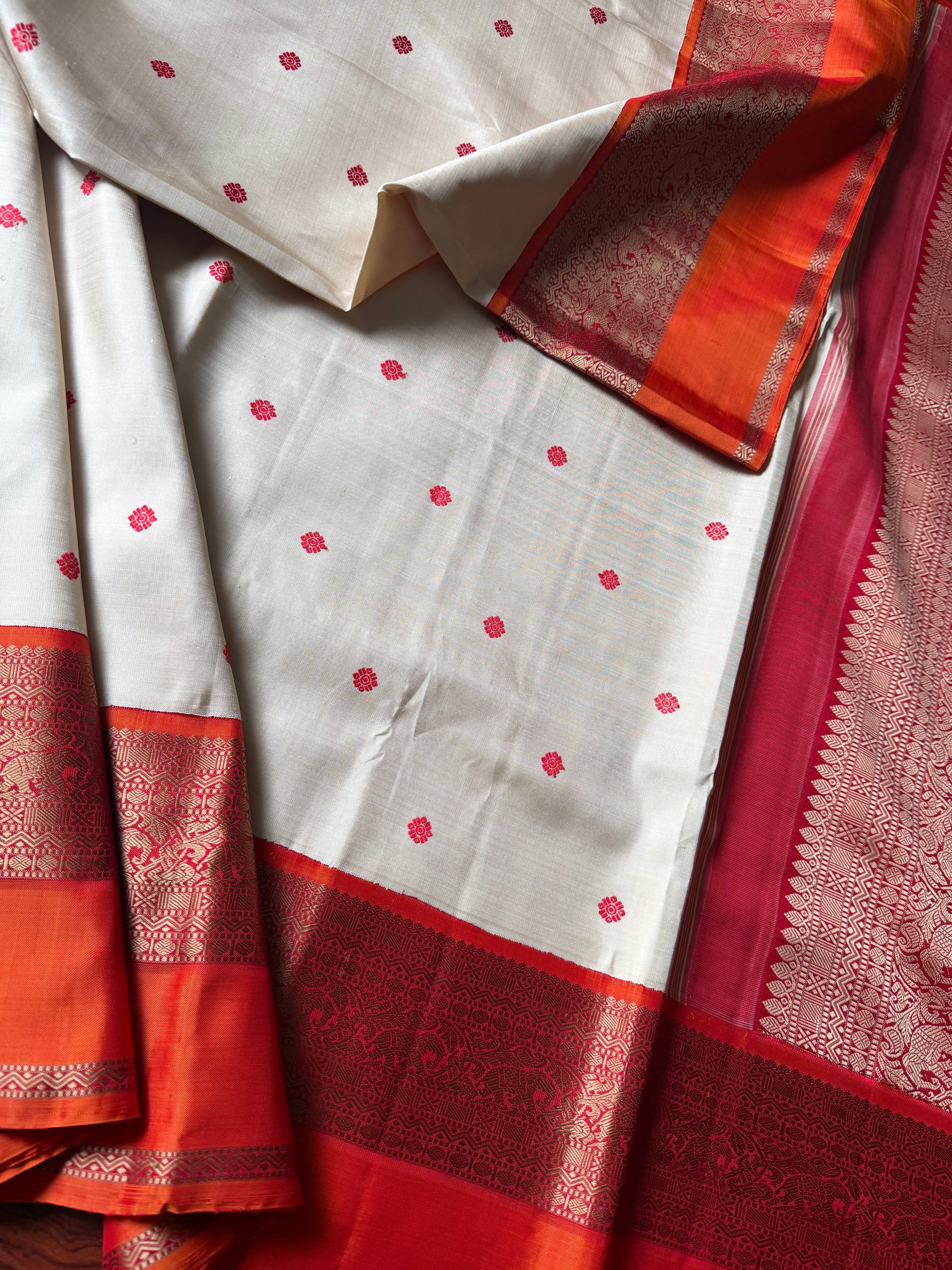 No Zari  Kanjivaram Silk (Ivory &amp; Burnt Orange)