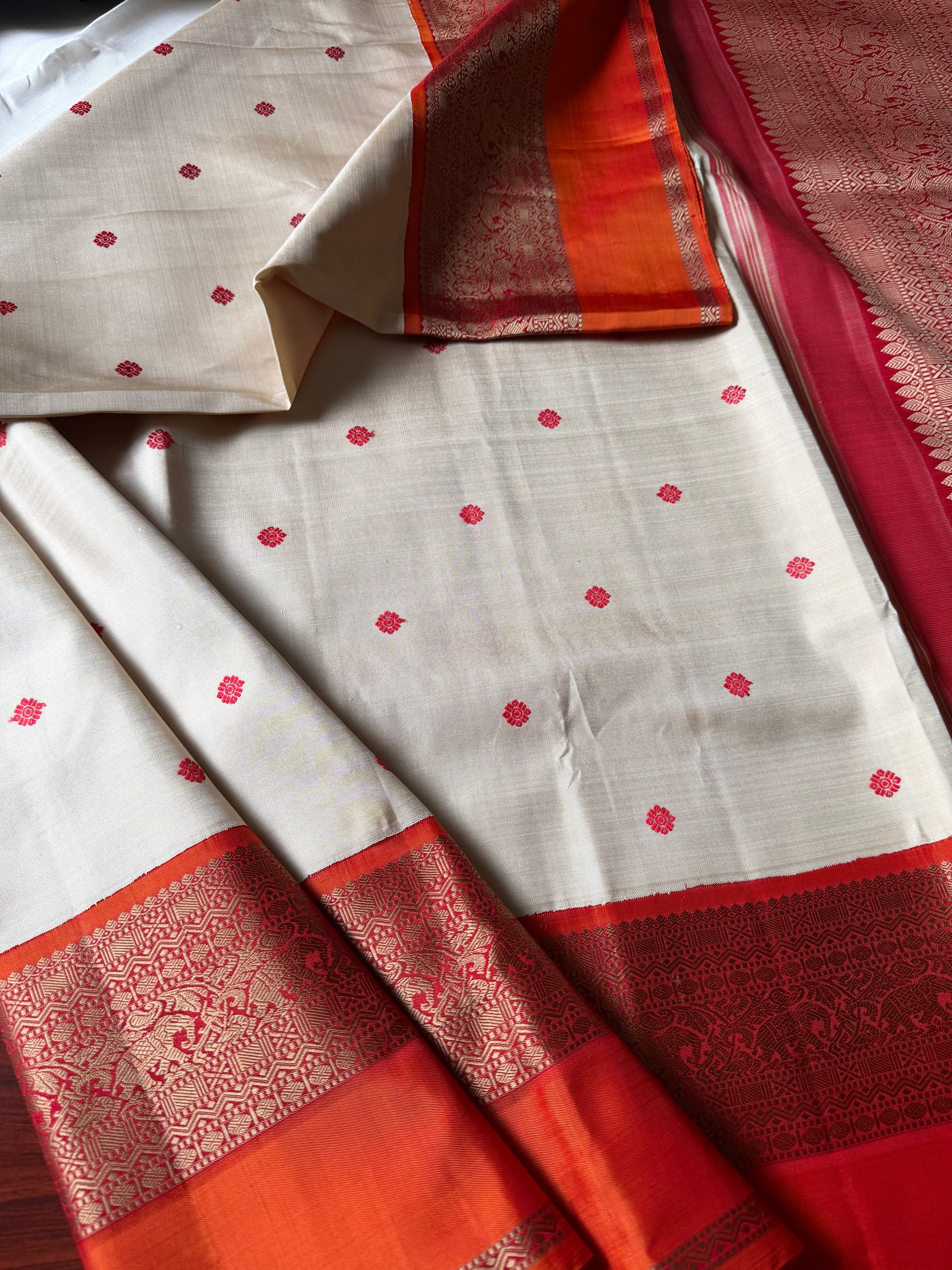 No Zari  Kanjivaram Silk (Ivory &amp; Burnt Orange)