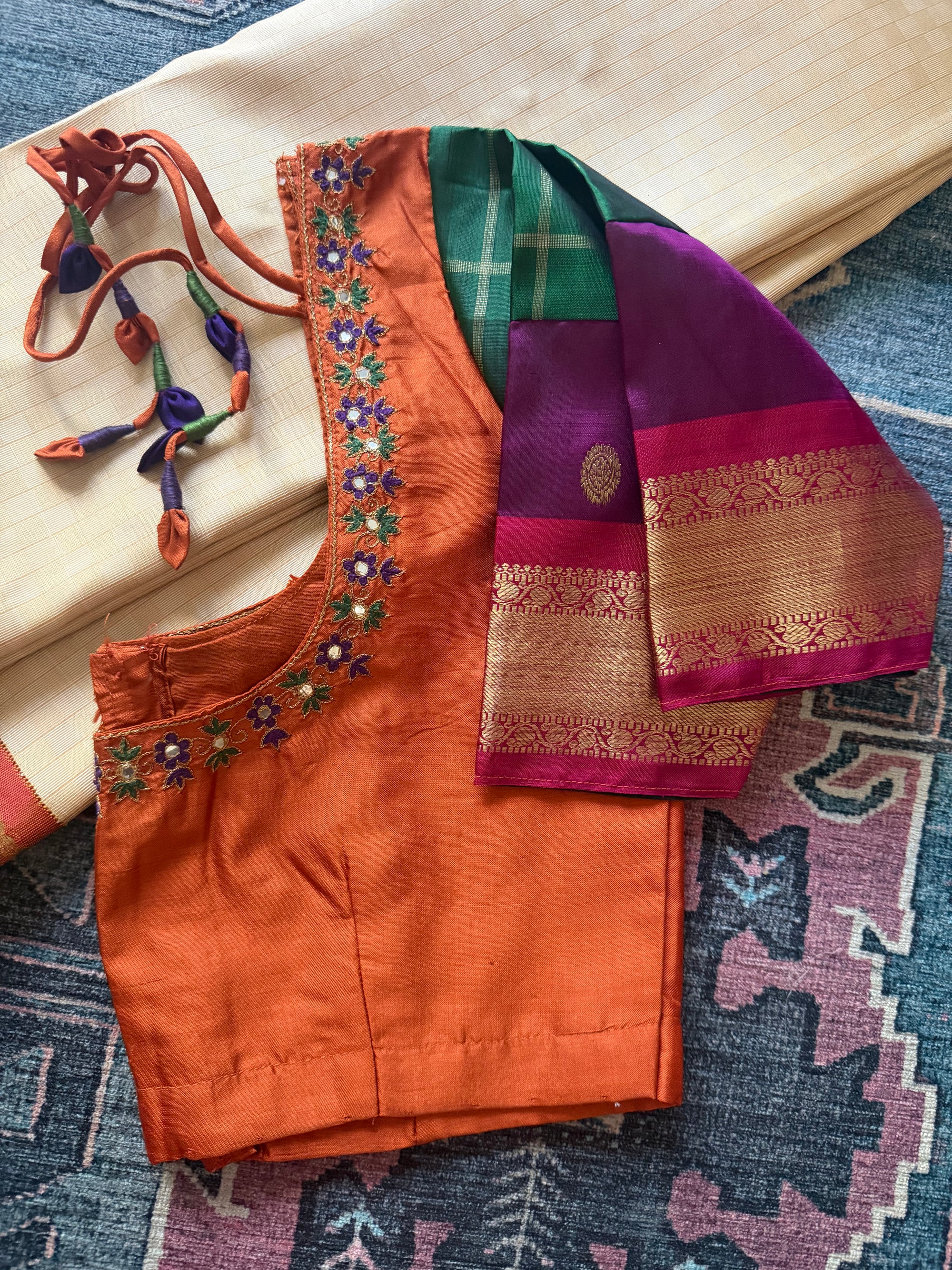 Handcrafted Ready to Wear Blouse : Kanjivaram Silk (Rust orange + Green)