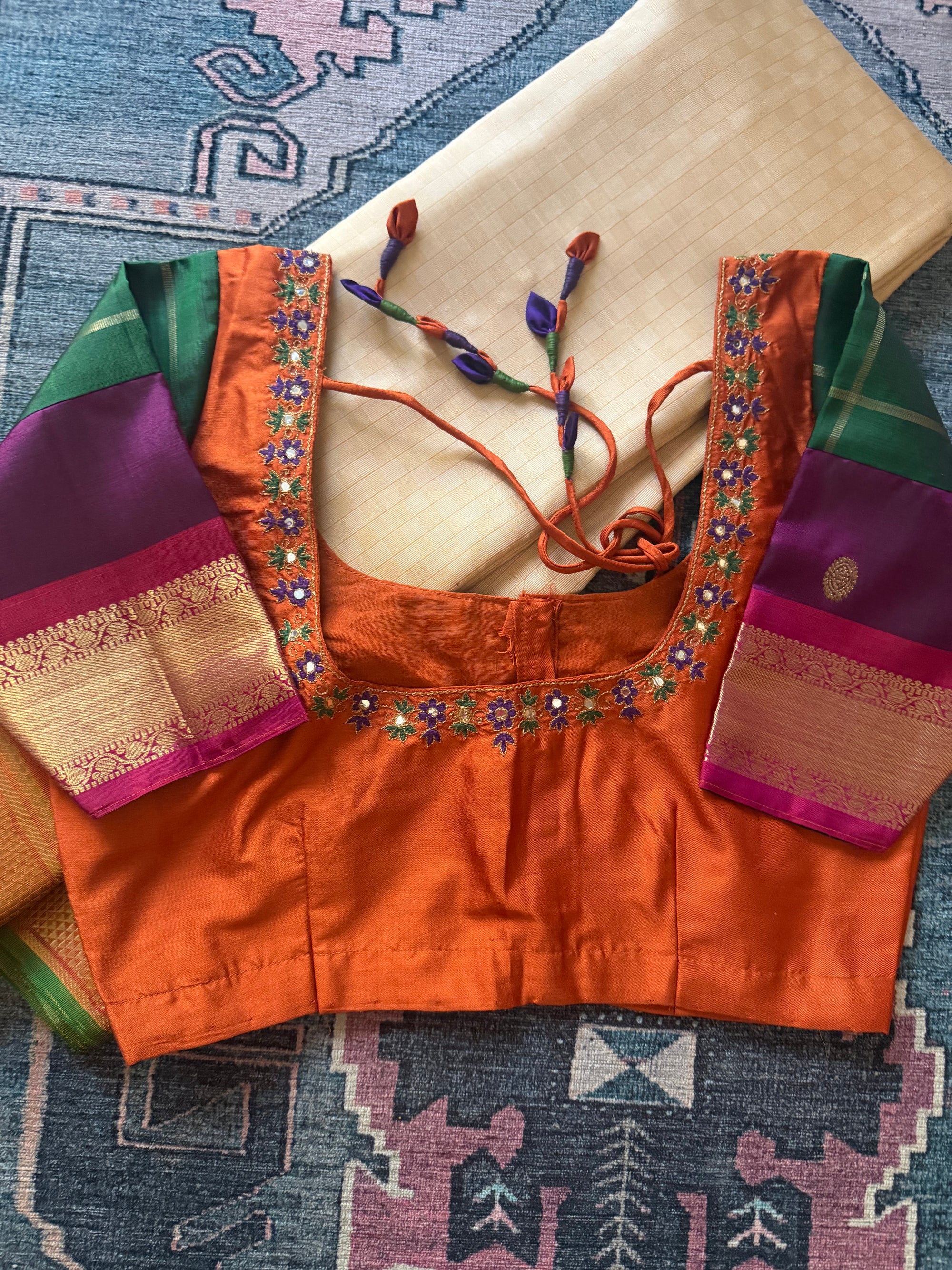Handcrafted Ready to Wear Blouse : Kanjivaram Silk (Rust orange + Green)