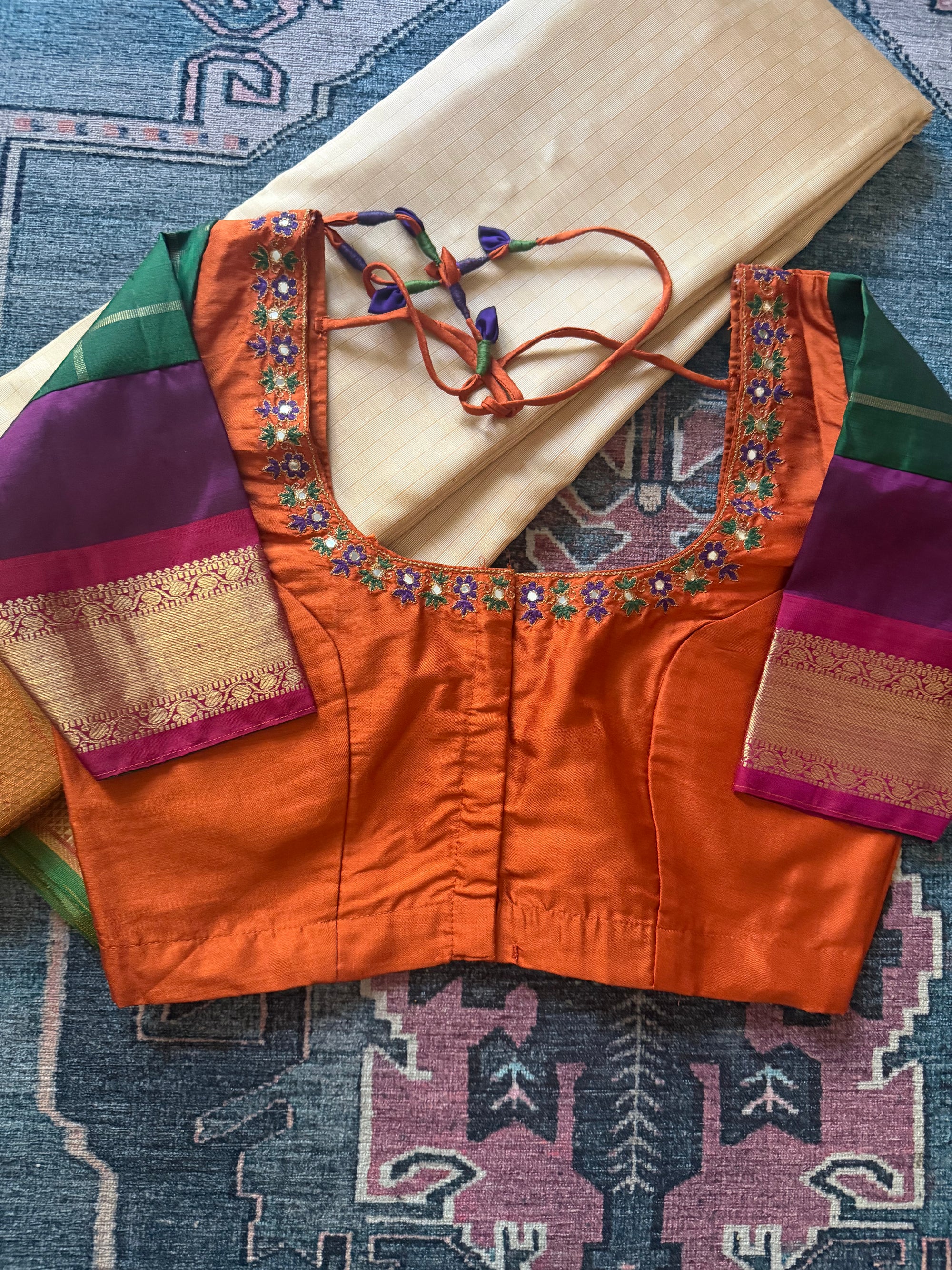 Handcrafted Ready to Wear Blouse : Kanjivaram Silk (Rust orange + Green)
