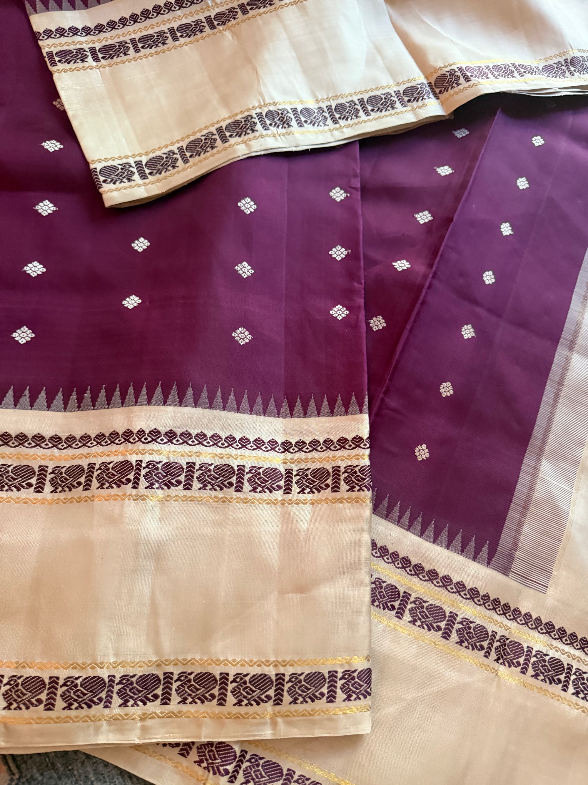 MYTHILI:  Korvai Kanjivaram Silk (Aubergine &amp; Pearl Grey)