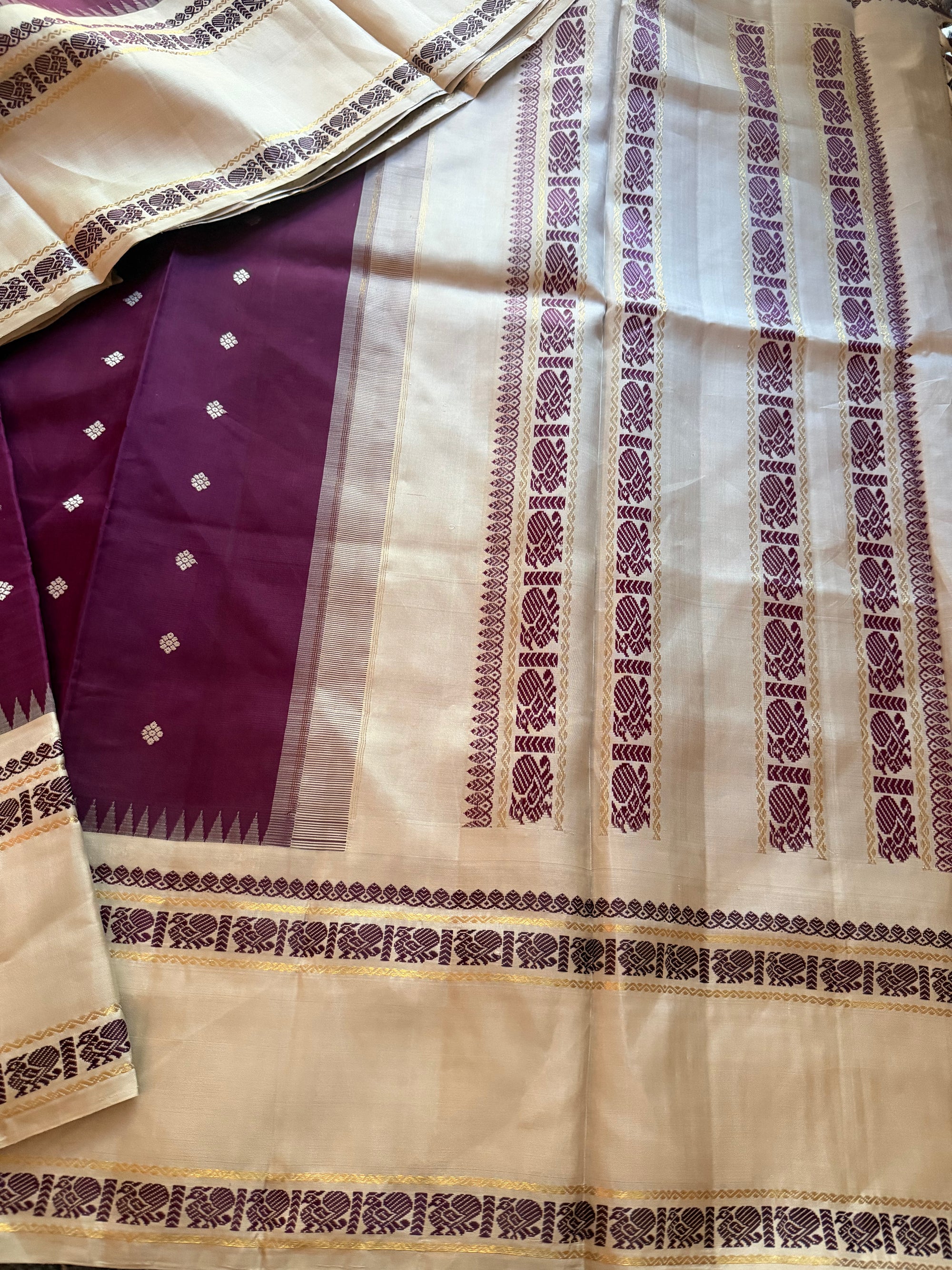 MYTHILI:  Korvai Kanjivaram Silk (Aubergine &amp; Pearl Grey)