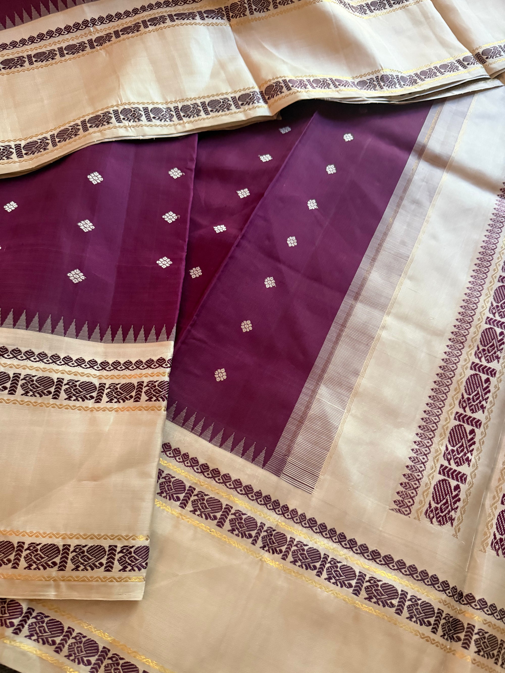 MYTHILI:  Korvai Kanjivaram Silk (Aubergine &amp; Pearl Grey)