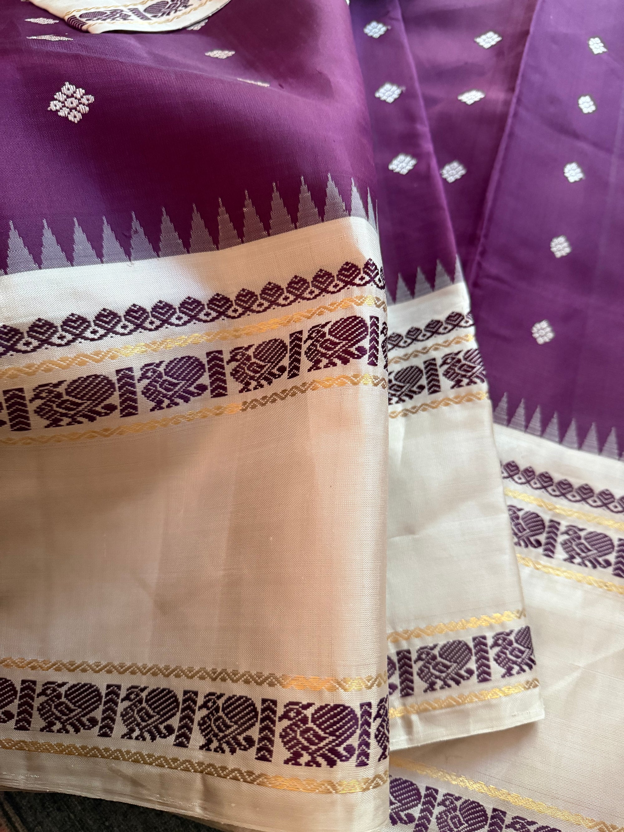 MYTHILI:  Korvai Kanjivaram Silk (Aubergine &amp; Pearl Grey)