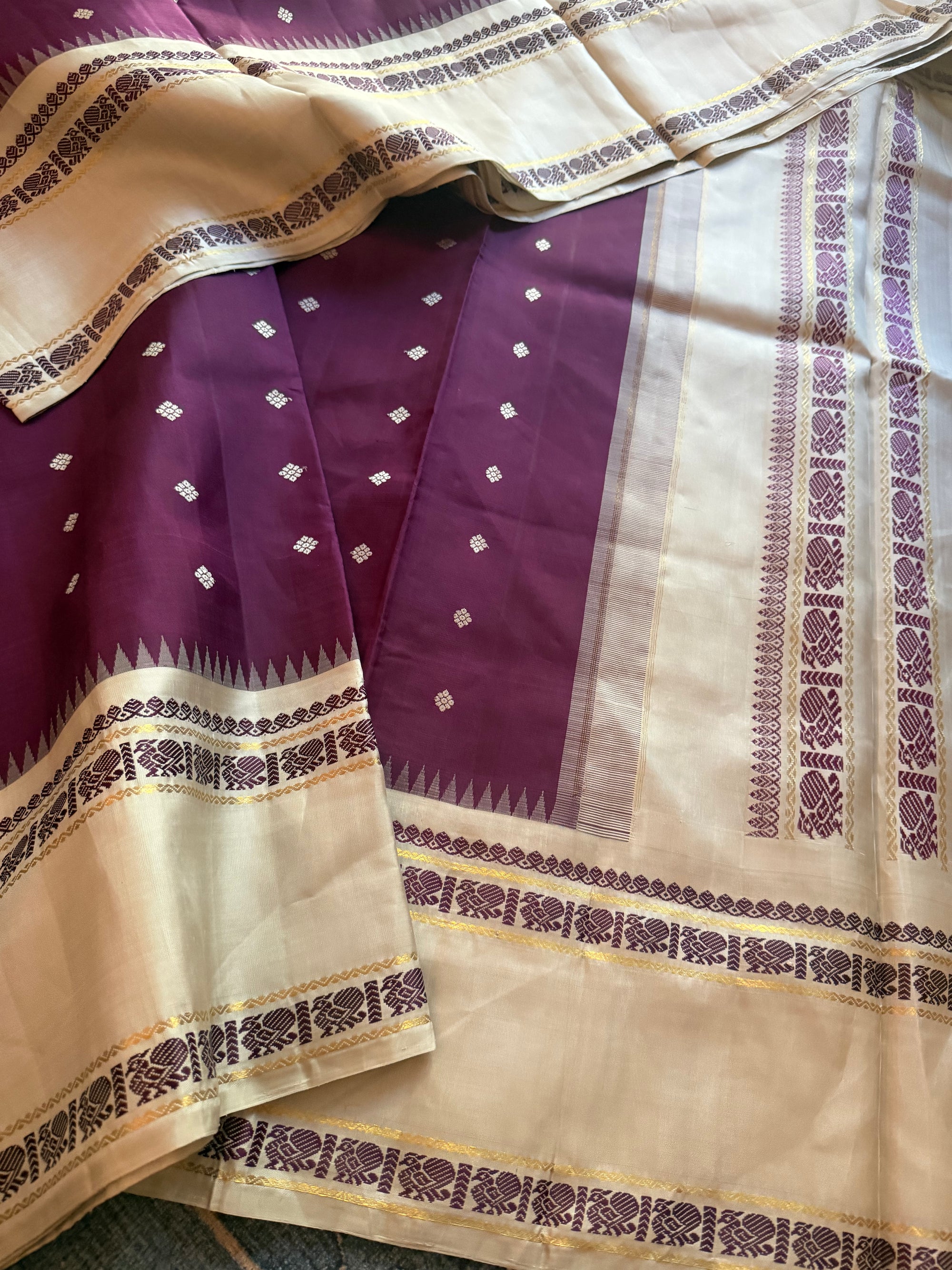 MYTHILI:  Korvai Kanjivaram Silk (Aubergine &amp; Pearl Grey)