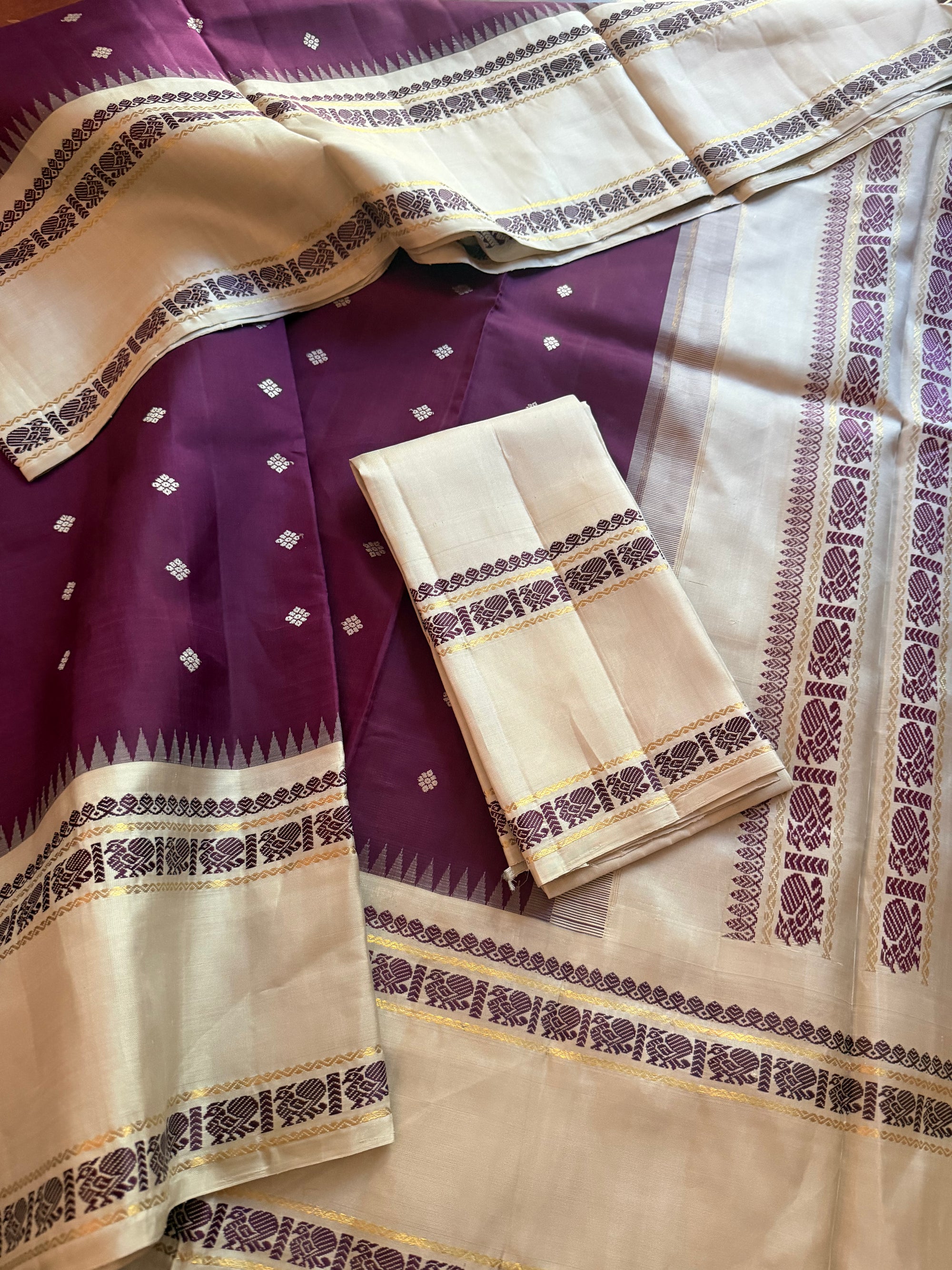 MYTHILI:  Korvai Kanjivaram Silk (Aubergine &amp; Pearl Grey)