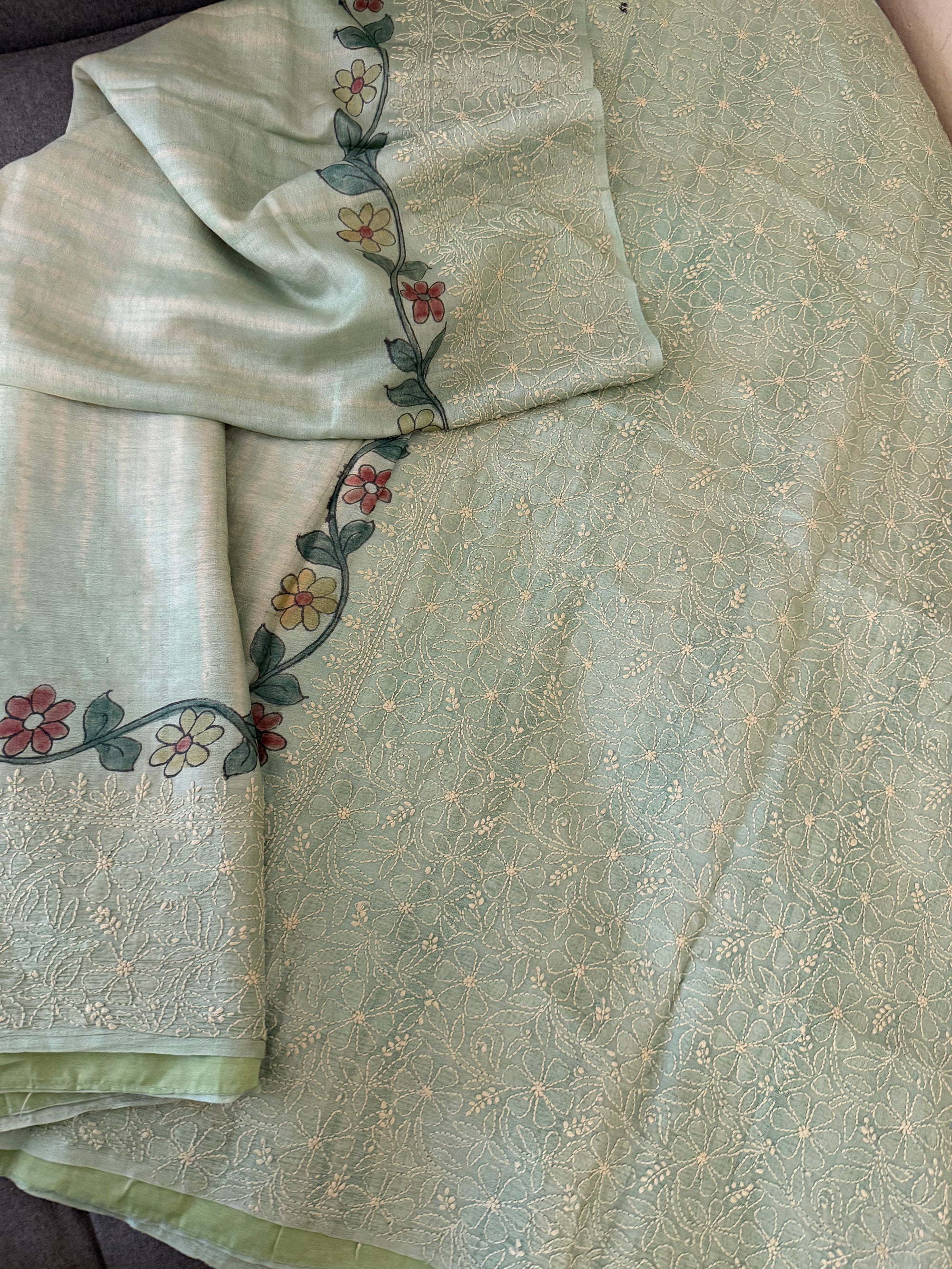 VRIKSHA: Shibori, Kalamkari &amp; Chikankari on Tussar (Pastel Blue - green Aqua)
