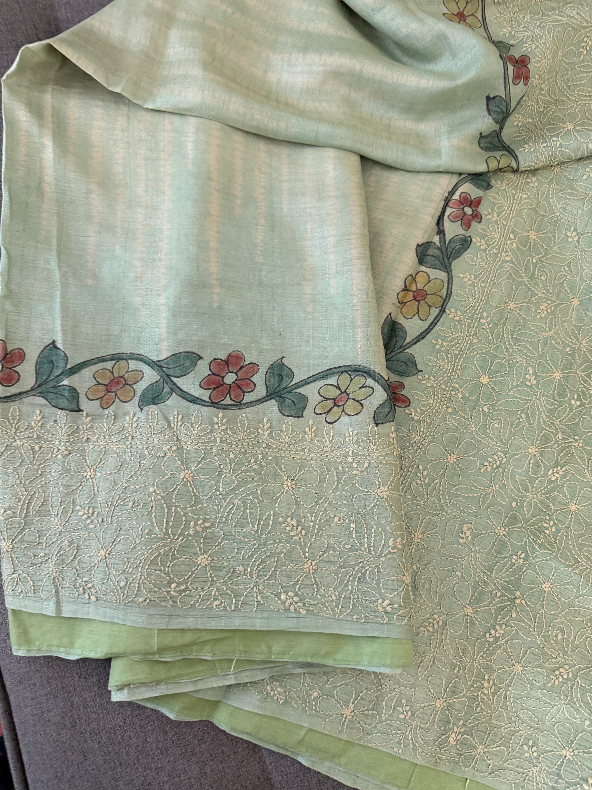 VRIKSHA: Shibori, Kalamkari &amp; Chikankari on Tussar (Pastel Blue - green Aqua)