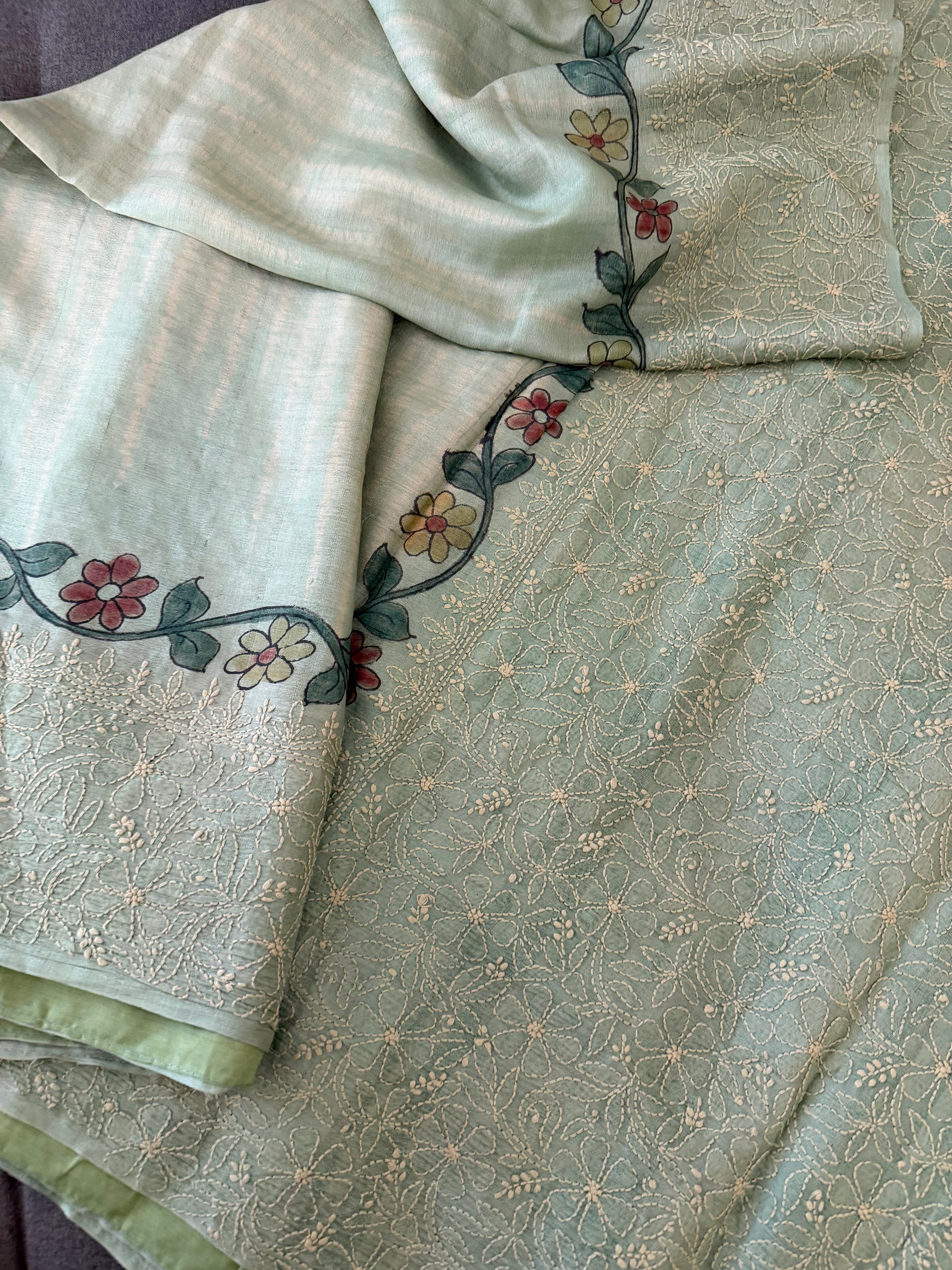 VRIKSHA: Shibori, Kalamkari &amp; Chikankari on Tussar (Pastel Blue - green Aqua)