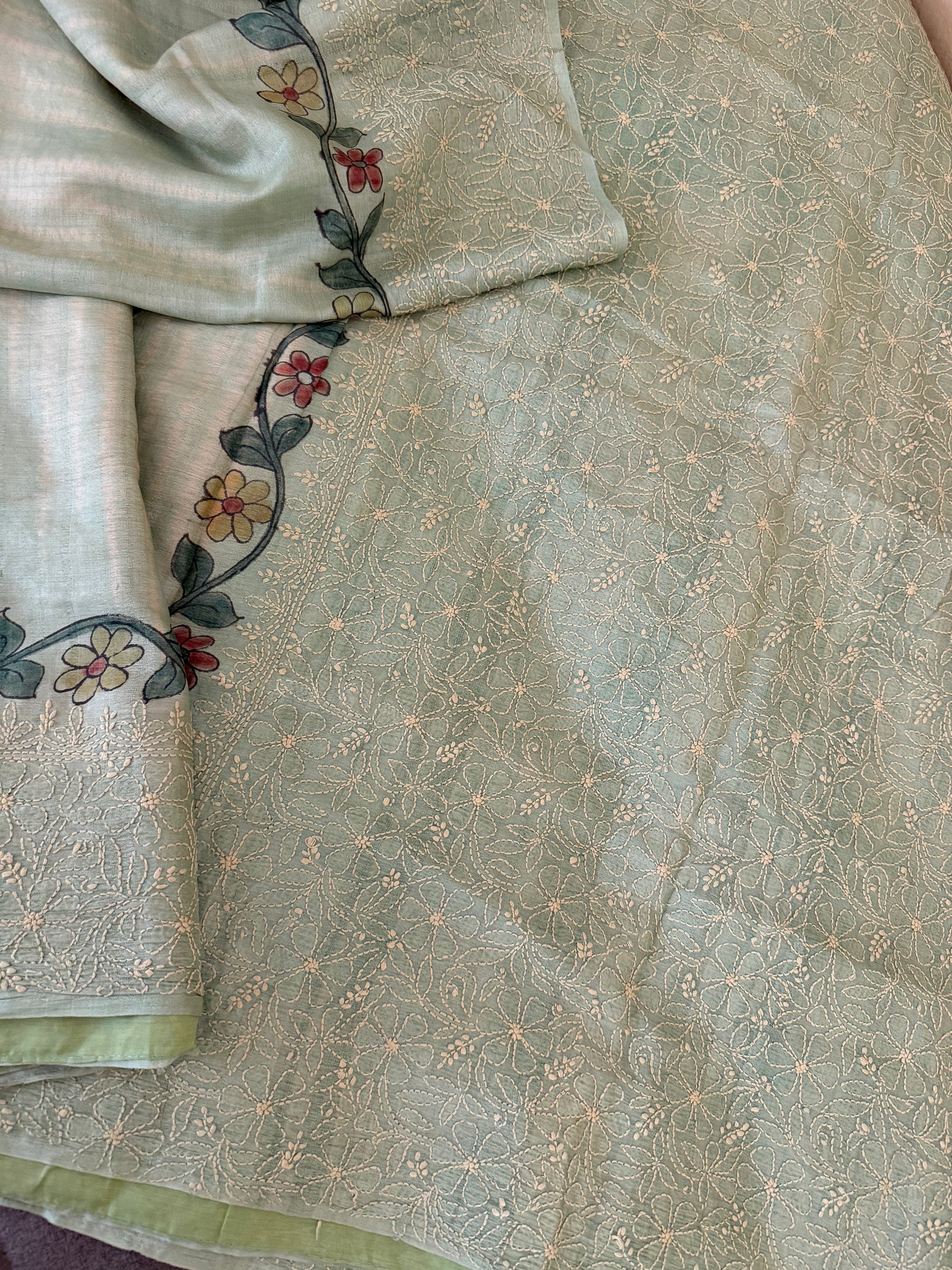 VRIKSHA: Shibori, Kalamkari &amp; Chikankari on Tussar (Pastel Blue - green Aqua)