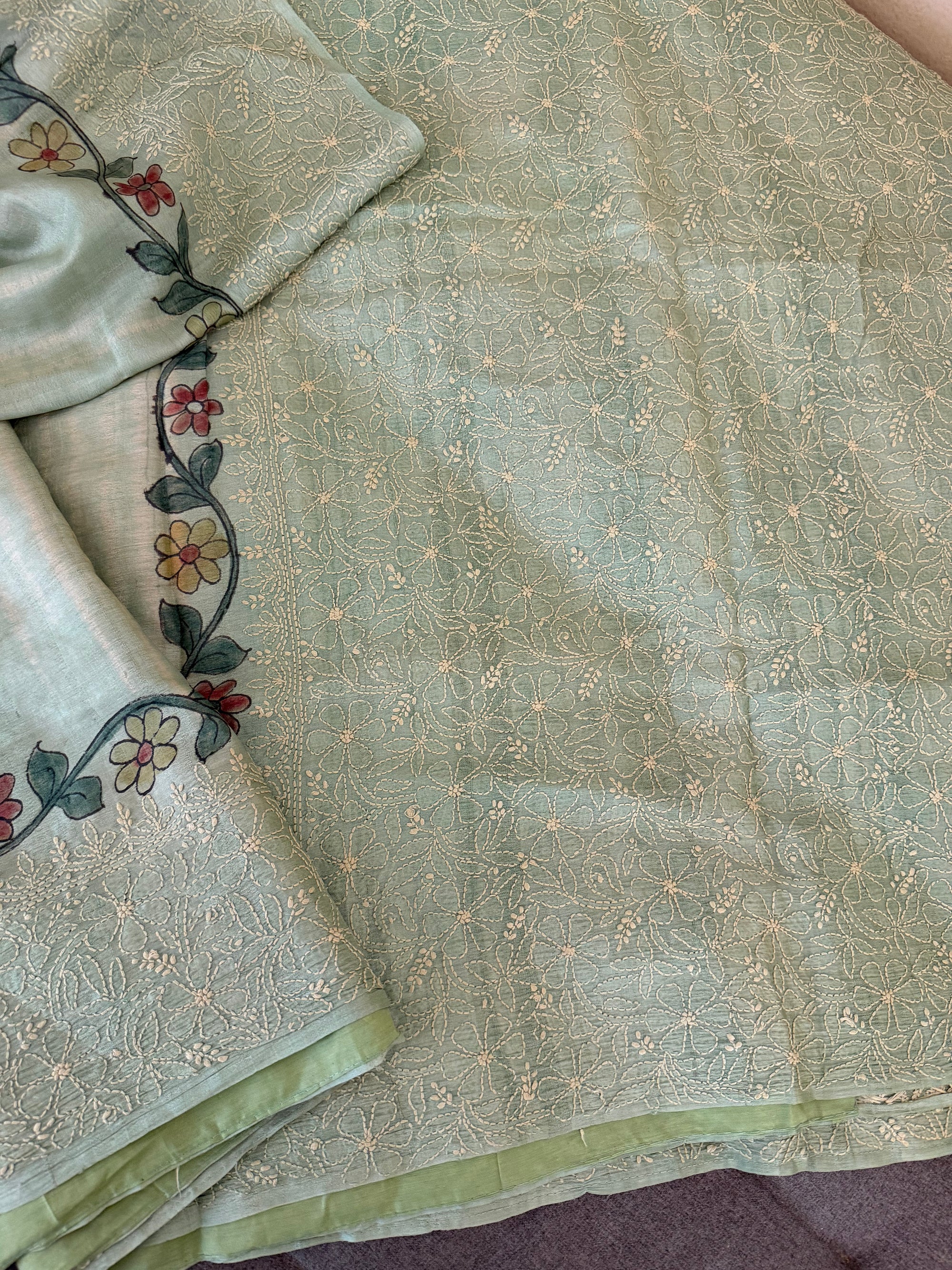 VRIKSHA: Shibori, Kalamkari &amp; Chikankari on Tussar (Pastel Blue - green Aqua)