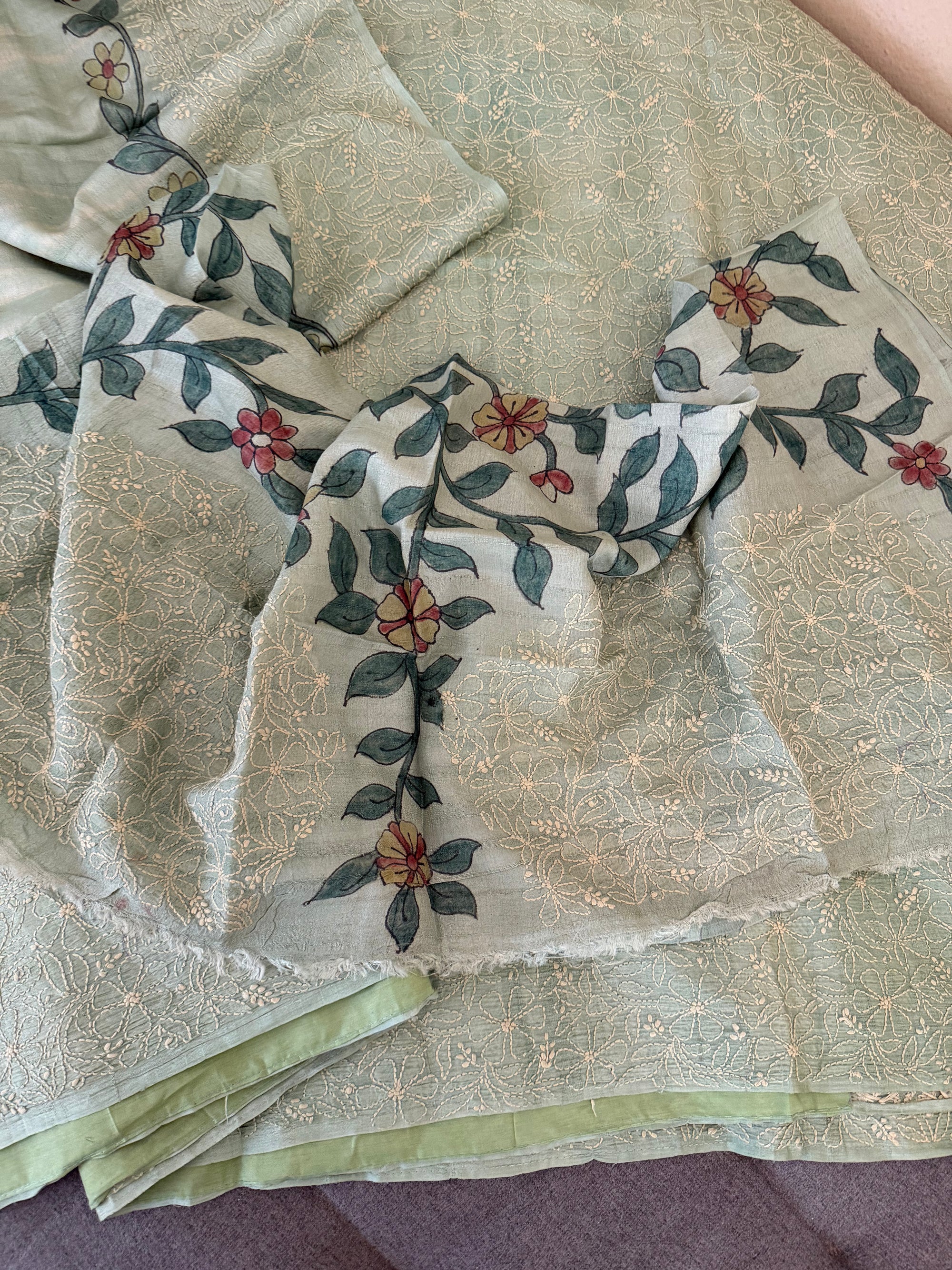 VRIKSHA: Shibori, Kalamkari &amp; Chikankari on Tussar (Pastel Blue - green Aqua)