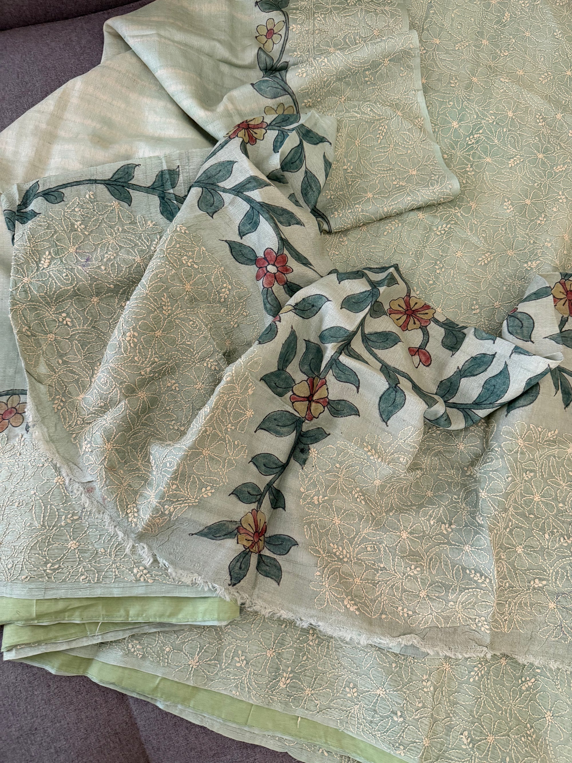 VRIKSHA: Shibori, Kalamkari &amp; Chikankari on Tussar (Pastel Blue - green Aqua)