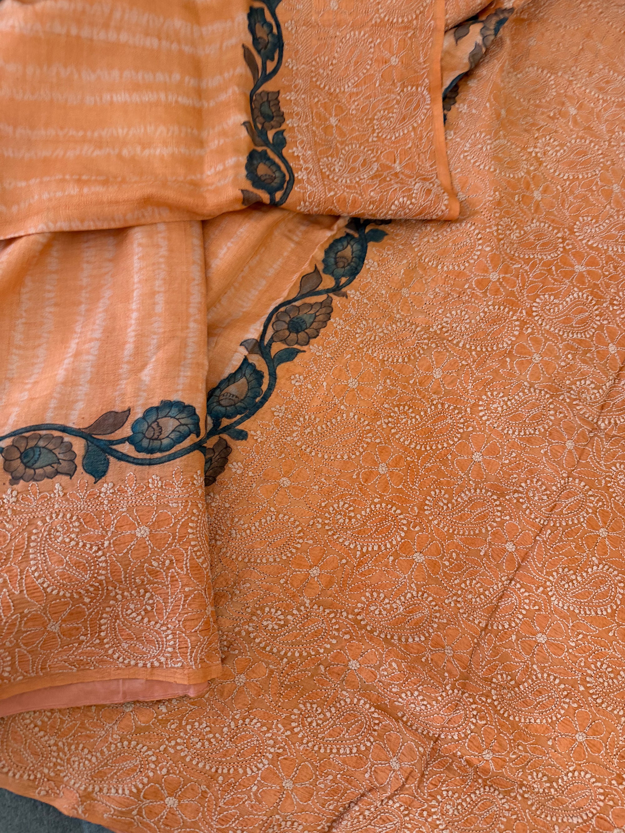 VRIKSHA: Shibori, Kalamkari &amp; Chikankari on Tussar (Coral)