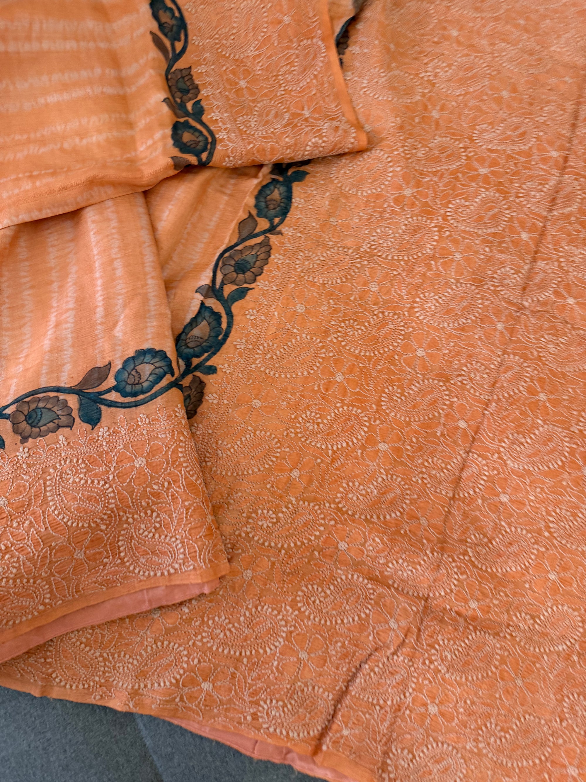 VRIKSHA: Shibori, Kalamkari &amp; Chikankari on Tussar (Coral)