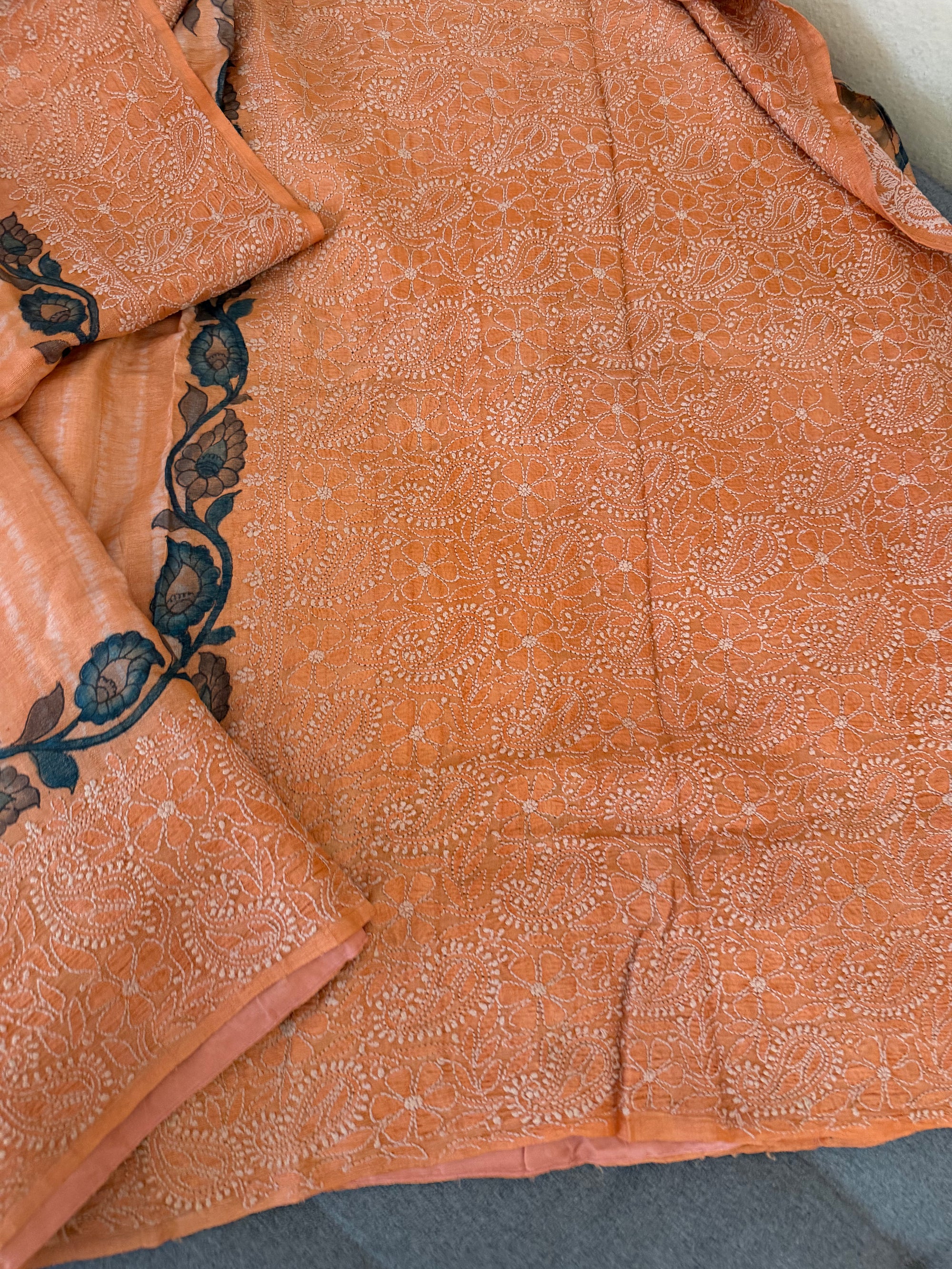 VRIKSHA: Shibori, Kalamkari &amp; Chikankari on Tussar (Coral)