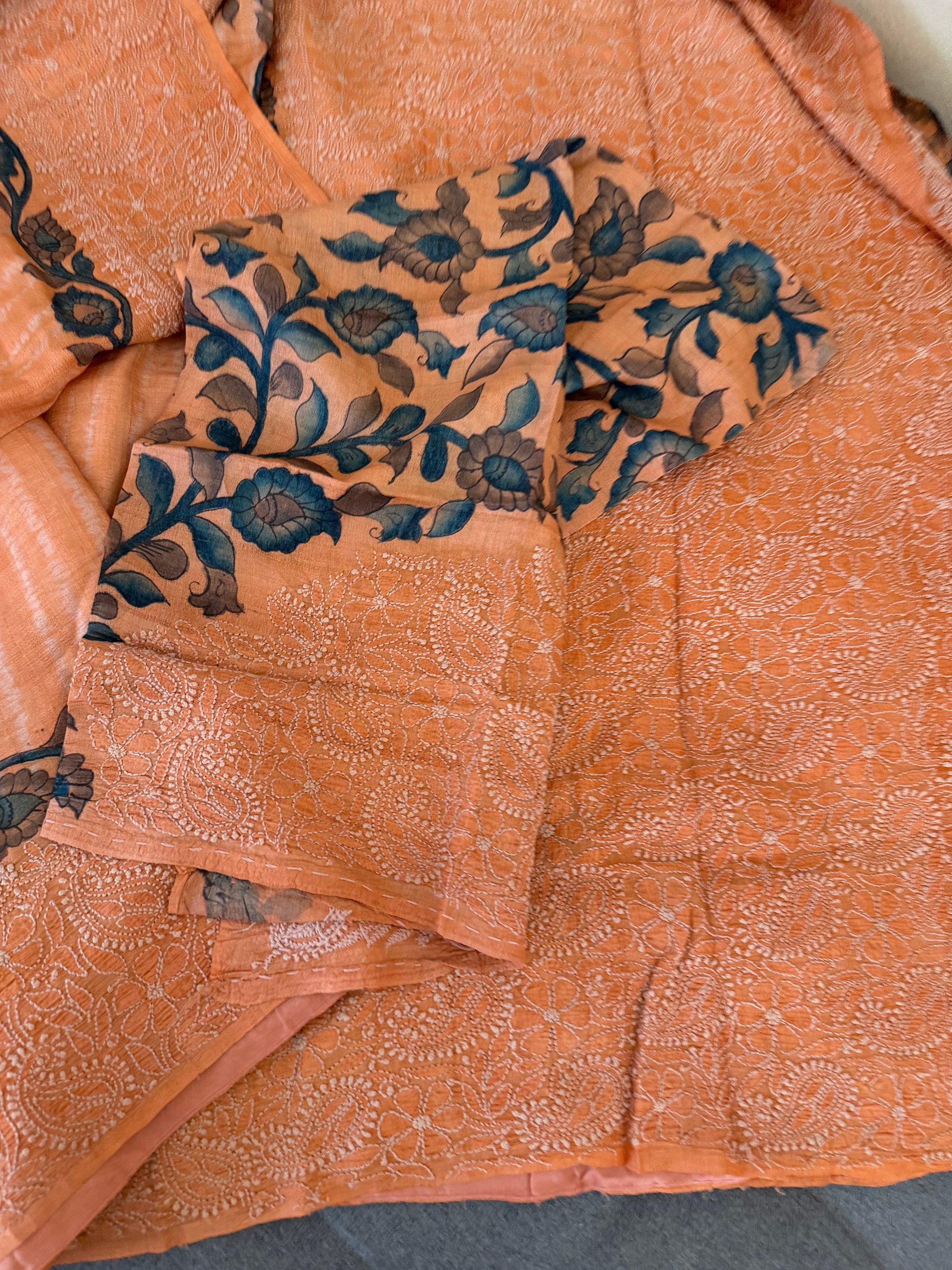 VRIKSHA: Shibori, Kalamkari &amp; Chikankari on Tussar (Coral)