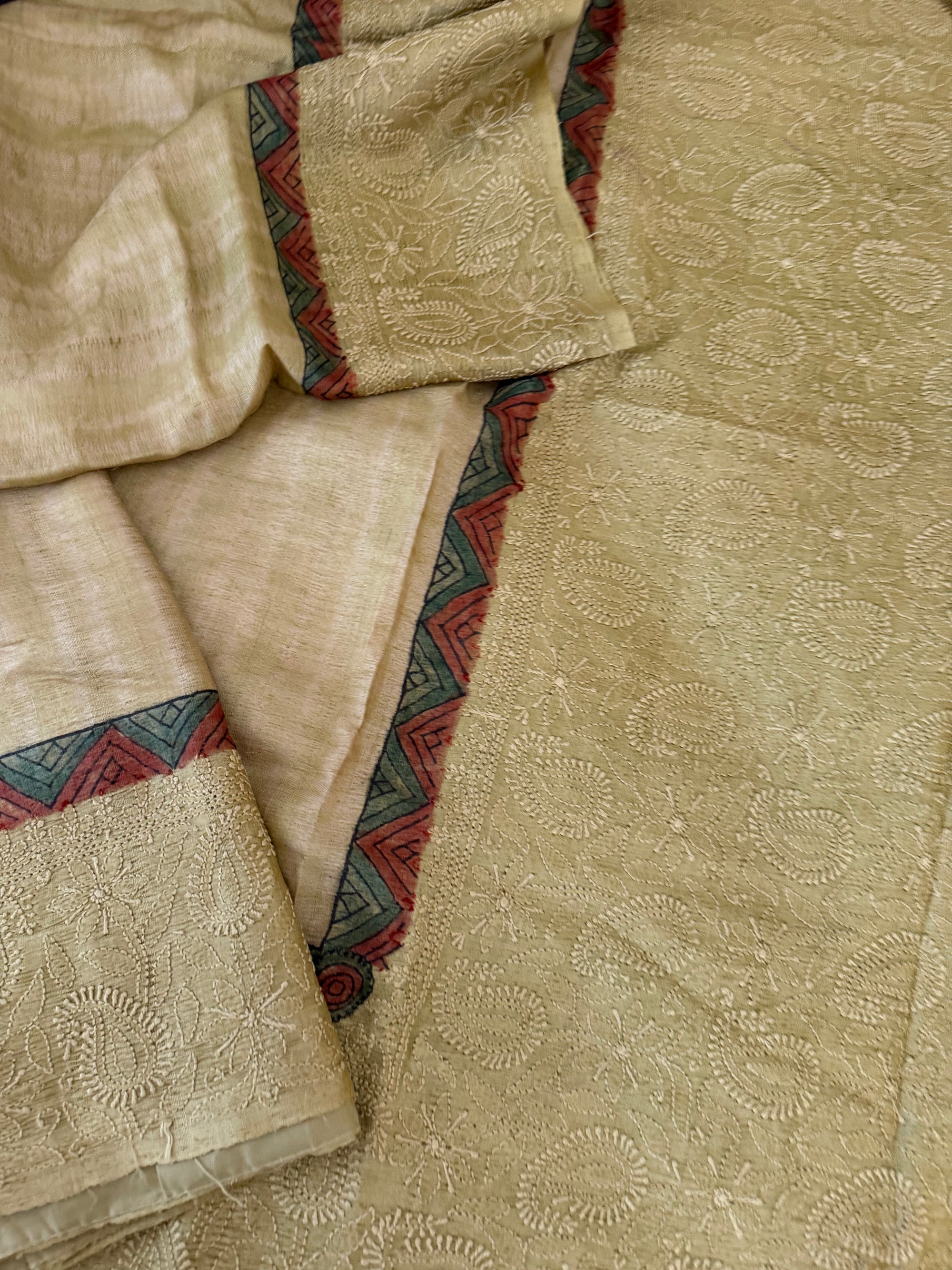 VRIKSHA: Shibori, Kalamkari &amp; Chikankari on Tussar (Pastel Green)
