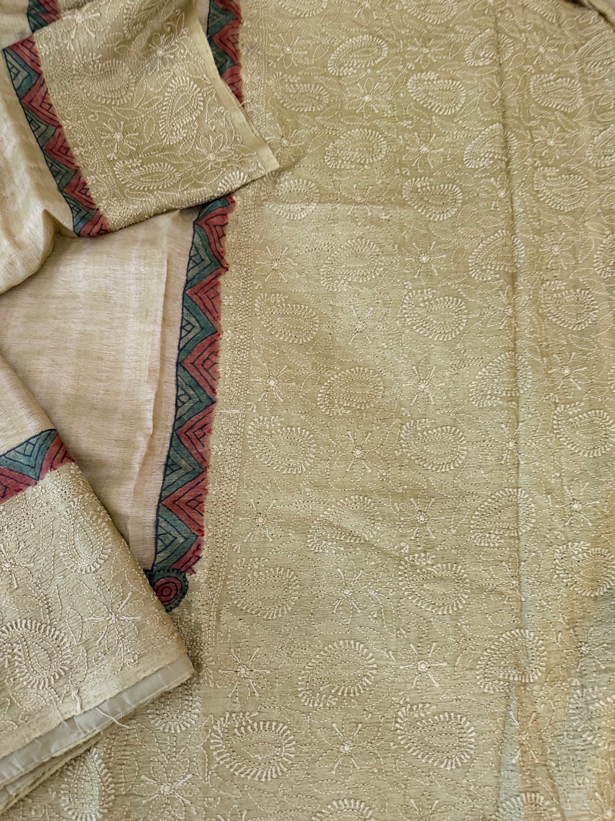 VRIKSHA: Shibori, Kalamkari &amp; Chikankari on Tussar (Pastel Green)