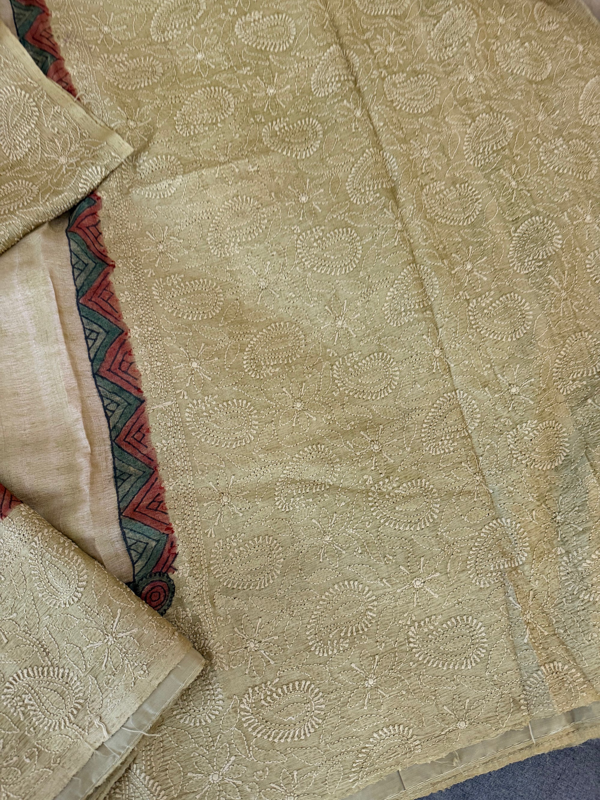 VRIKSHA: Shibori, Kalamkari &amp; Chikankari on Tussar (Pastel Green)