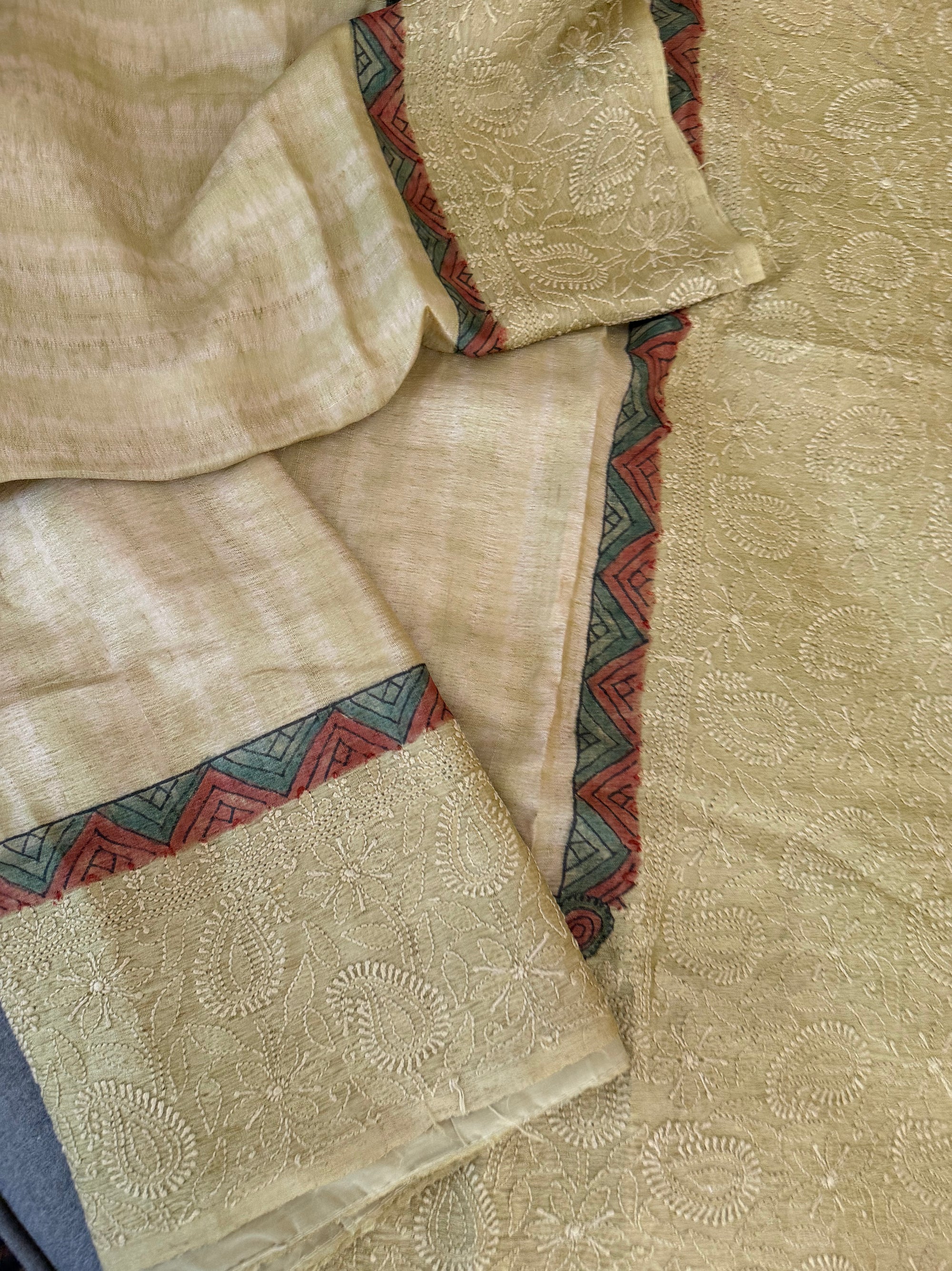 VRIKSHA: Shibori, Kalamkari &amp; Chikankari on Tussar (Pastel Green)