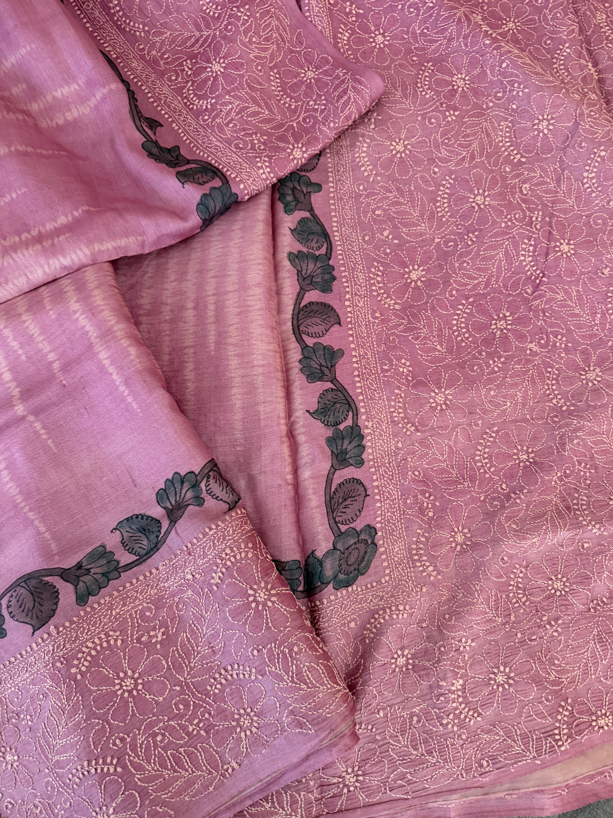 VRIKSHA: Shibori, Kalamkari &amp; Chikankari on Tussar (Lavender)