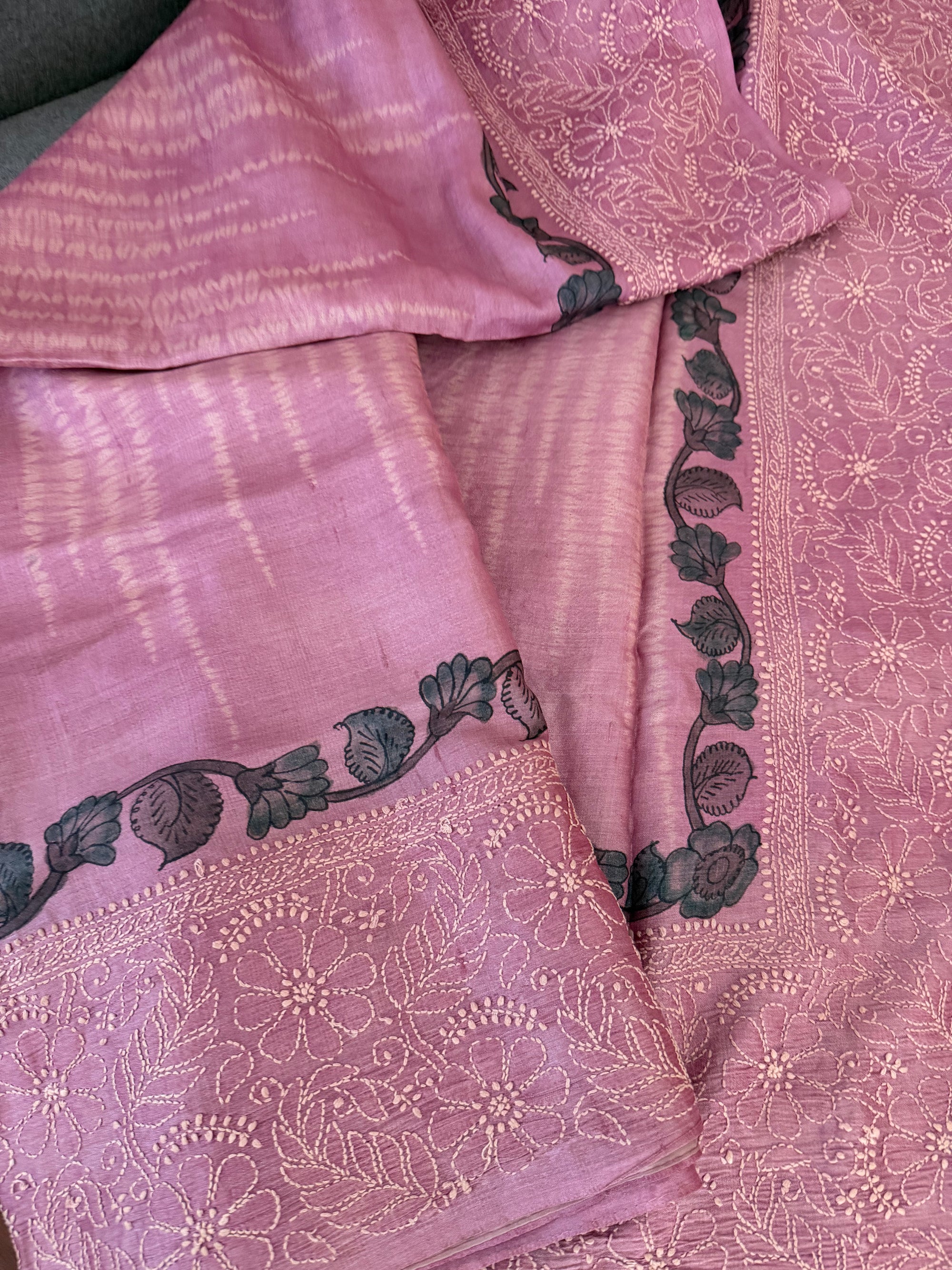 VRIKSHA: Shibori, Kalamkari &amp; Chikankari on Tussar (Lavender)
